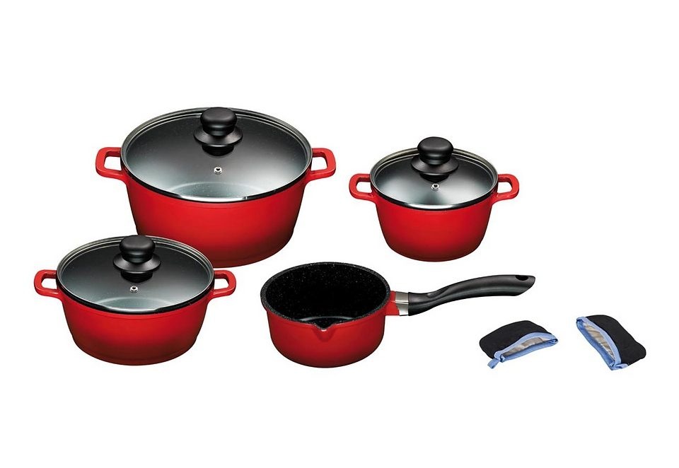KING Topf-Set Set, 1x Stielkasserolle 16 cm, je 1x Kochtopf 16/20/24 cm, 7 Stk. tlg. Aluminiumguss rot