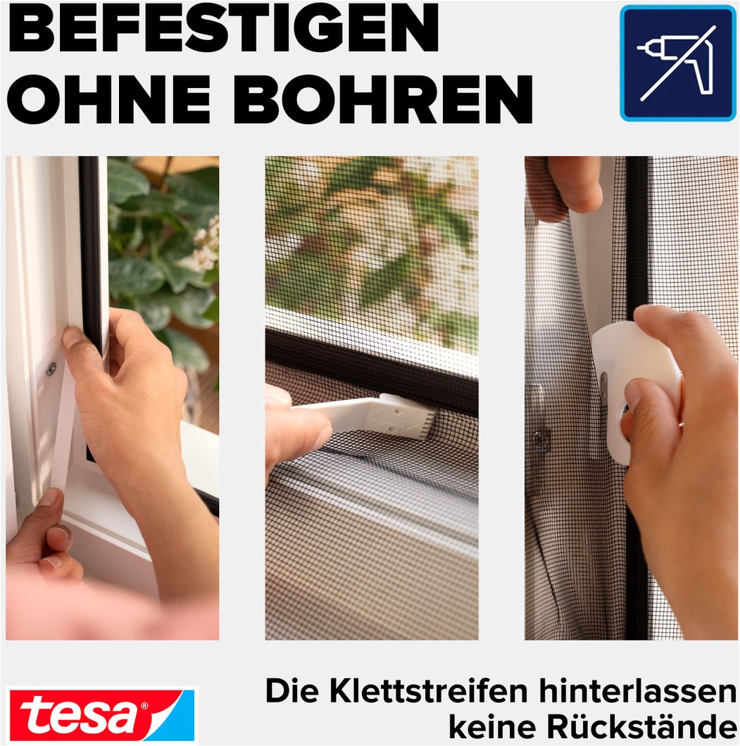 tesa Fliegengitter-Gewebe »Klett Fliegengitter Premium für Fenster, Insektenschutz mit Klettband« Packung, Fliegennetz, Klettband, Andrück und Schneidehilfe, 1 Stk. tlg. selbstklebende Insektenschutz - 130 cm x 150 cm