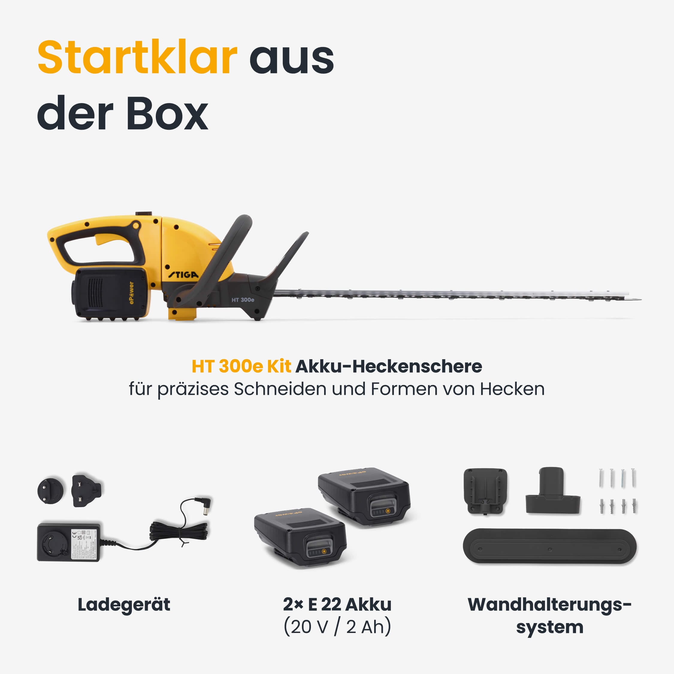 STIGA GARDEN Akku-Heckenschere »HT 300e« (Set, Inkl. 2x 20 V (2 Ah) Akku, Schutzhülle, Wandhalterung und Ladegerät, )  54 cm Schnittlänge