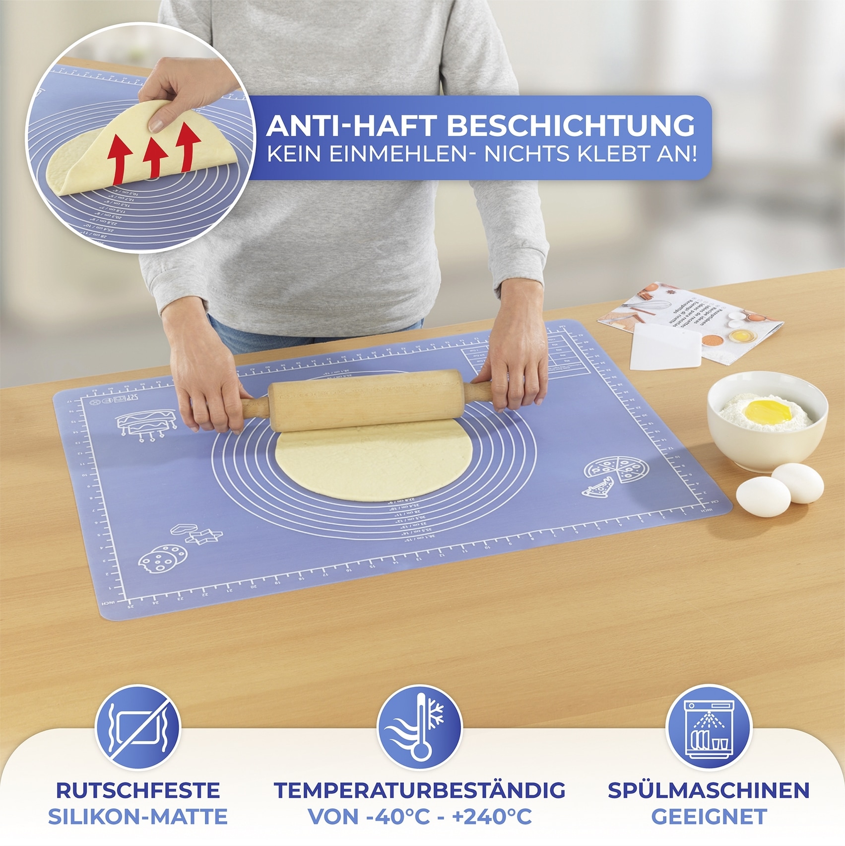 Maximex Backmatte »Antihaft«, (Set, 3 tlg.), Teigunterlage aus rutschfestem Silikon, mit Teigschaber und Rezeptheft