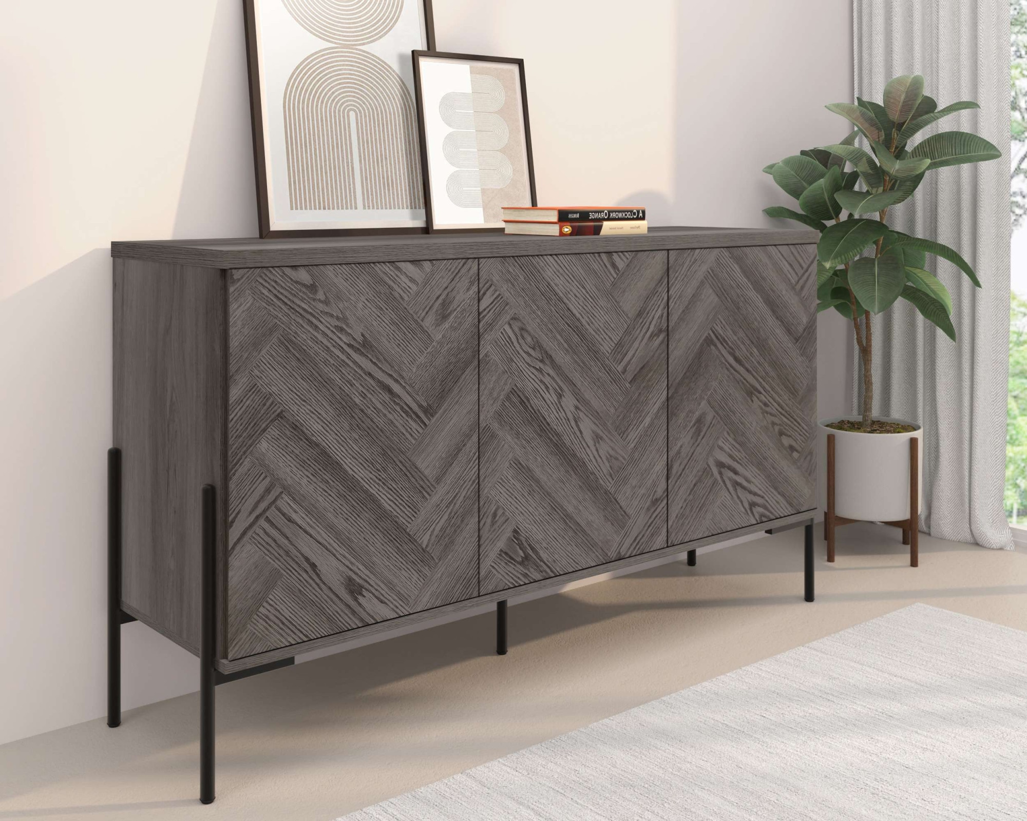 Leonique Sideboard »Eadwine« Kommode, Push-to-open, Türen mit Fischgräten Muster, Breite 130 cm