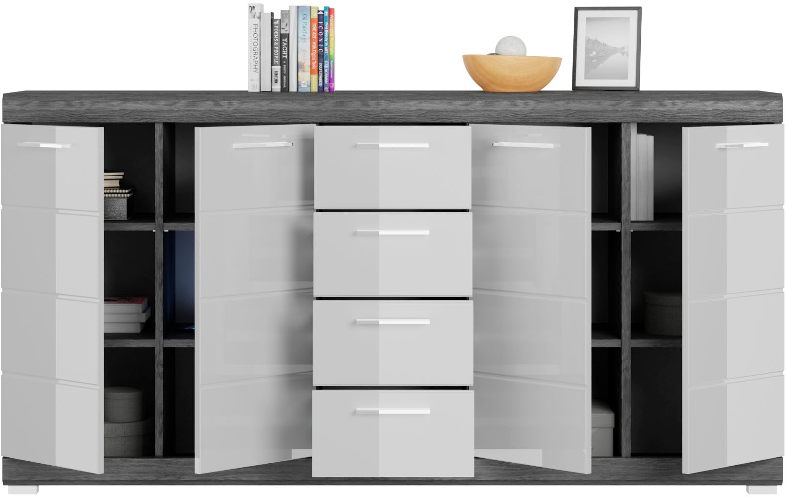INOSIGN Kommode »Siena, Breite 165cm, 4 Türen, 4 Schubkästen, 8 Einlegeböden, 12 Fächer«, Front-Rillenfräsung, Schuhkommode, Schuhschrank, Anrichte, Sideboard