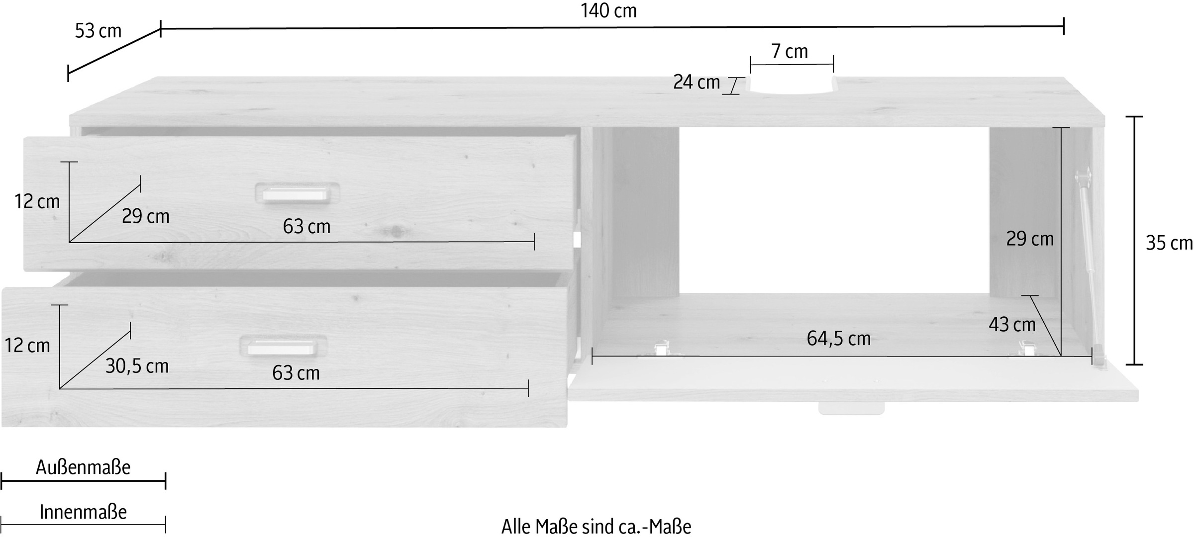 welltime Waschbeckenunterschrank »Guardo«, Hängender Waschtisch mit zwei Schubladen - Maße (B/T/H) 140/53/35 cm