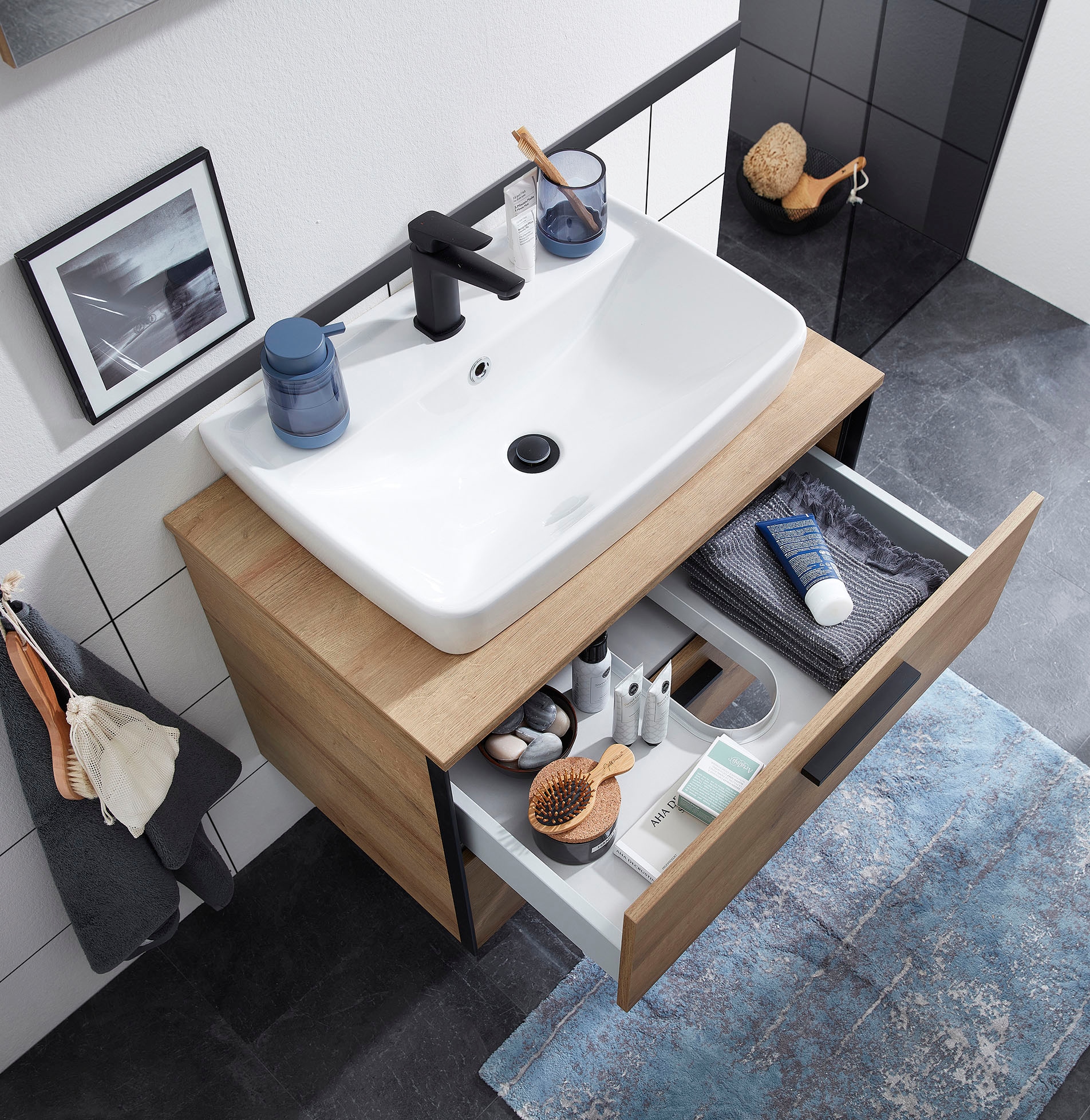 Saphir Badmöbel-Set »Quickset 395 2-teilig, Keramik-Aufsatzbecken mit LED-Spiegel«, (4 St.), Waschplatz 73 cm breit, 2 Schubladen, Waschtischplatte, Bad-Set