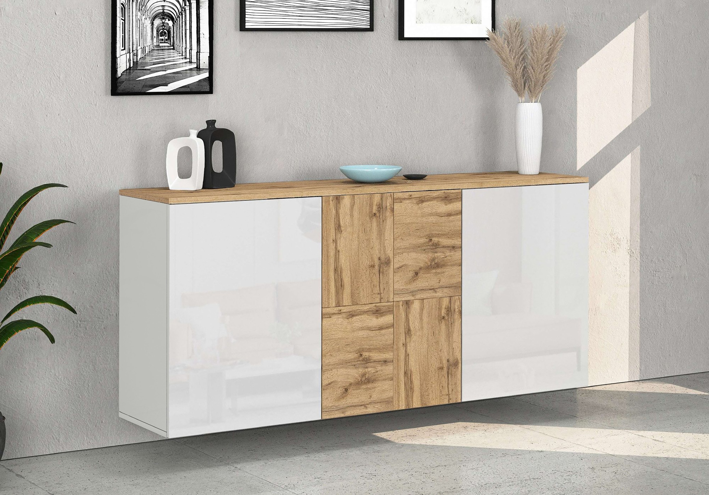 OTTO home Sideboard »ISEO, Kommode, Schrank, Sideboard, Lowboard, 6 Fächer, Breite 150 cm« 1 Stk. tlg. stehend/hängend, 3 Türen Hochglanz lackiert, Made in Italy