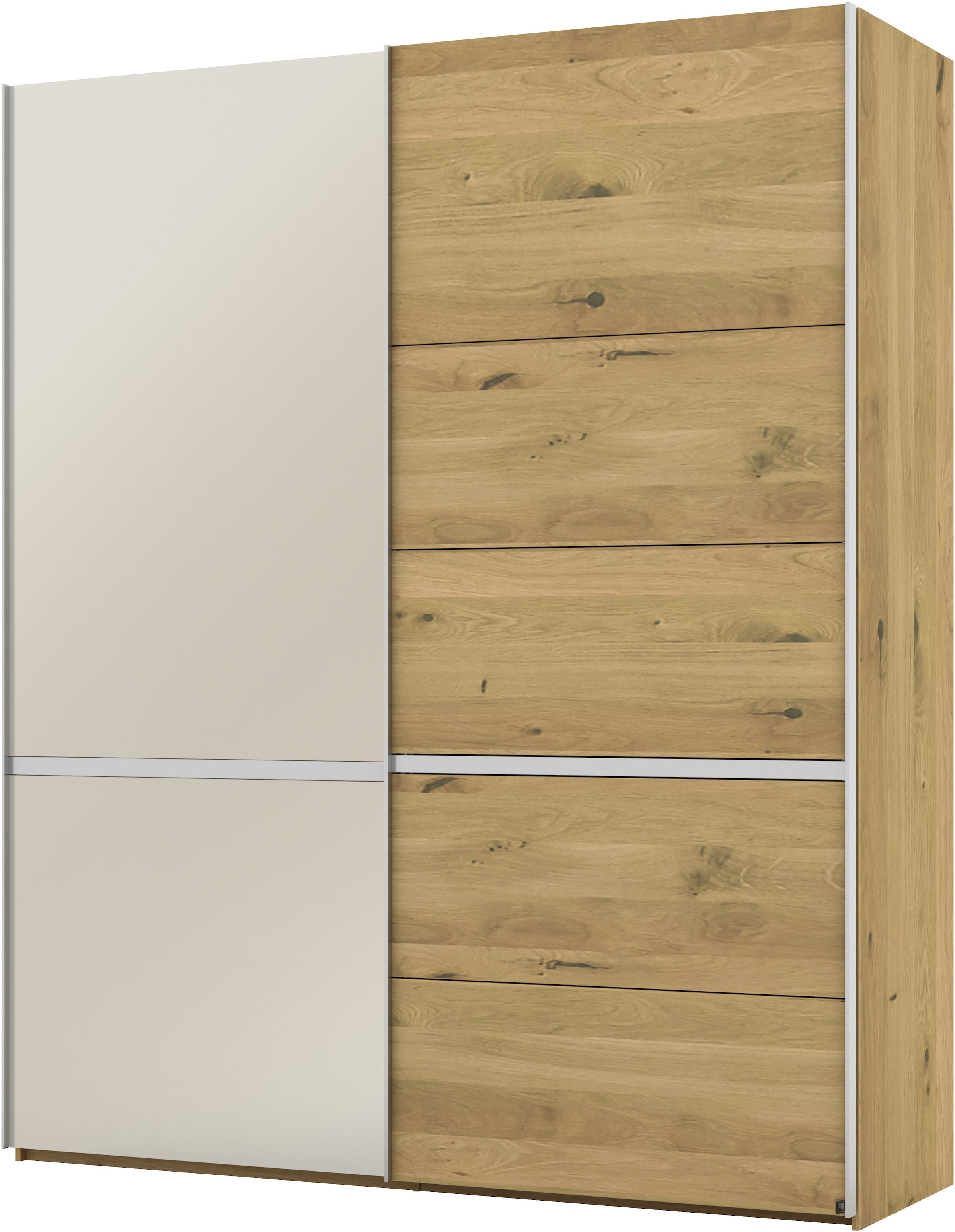 Musterring Schwebetürenschrank »Savona, Kleiderschrank, Schrank, Garderobe, mit Schiebetüren«, (Teilmassiv Bianco-Eiche, mit Spiegel oder Glas, MADE IN GERMANY), Türen Bianco-Eiche massiv, Spiegel-/Glastüren, eingelegte Chromleiste