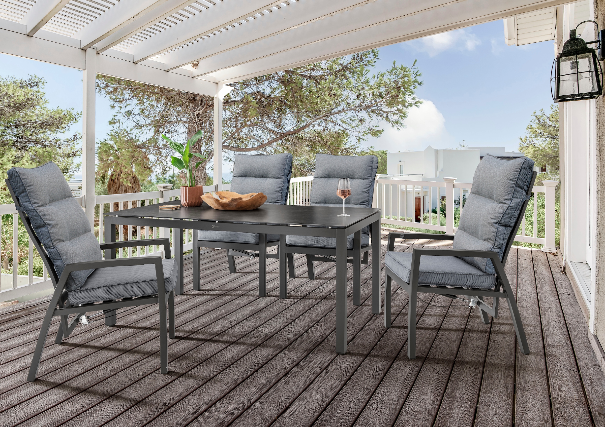 Destiny Garten-Essgruppe »GARDA CREMONA«, (9 tlg.), 4 Hochlehner inkl. Auflagen, 1 Tisch 160x90x74 cm