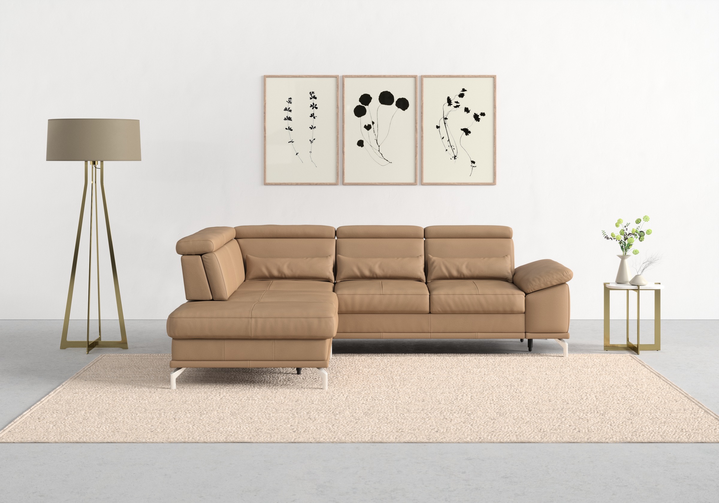 sit&more Ecksofa »Cabrio L-Form, mit Sitztiefenverstellung, Arm- und Kopfteilverstellung«, 3 Nierenkissen, Federkern, optional Bettfunktion und Stauraum