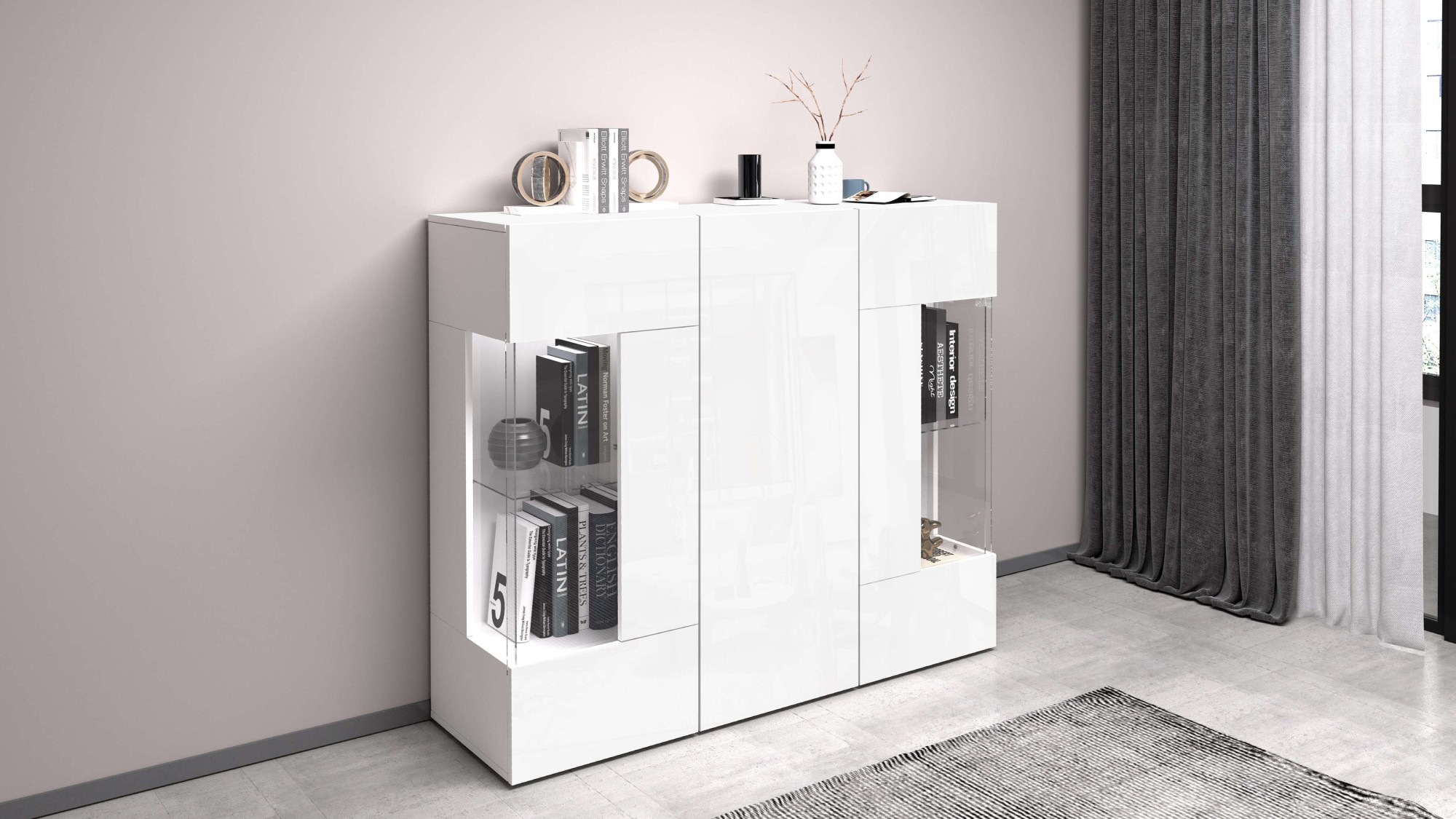 INOSIGN Highboard »Egypt, Highboard, Hochschrank, Hochkommode, Vitrine«, mit 3 Türen davon 2 mit Glaseinsatz,kompl. Hochglanz lack.,Breite 135