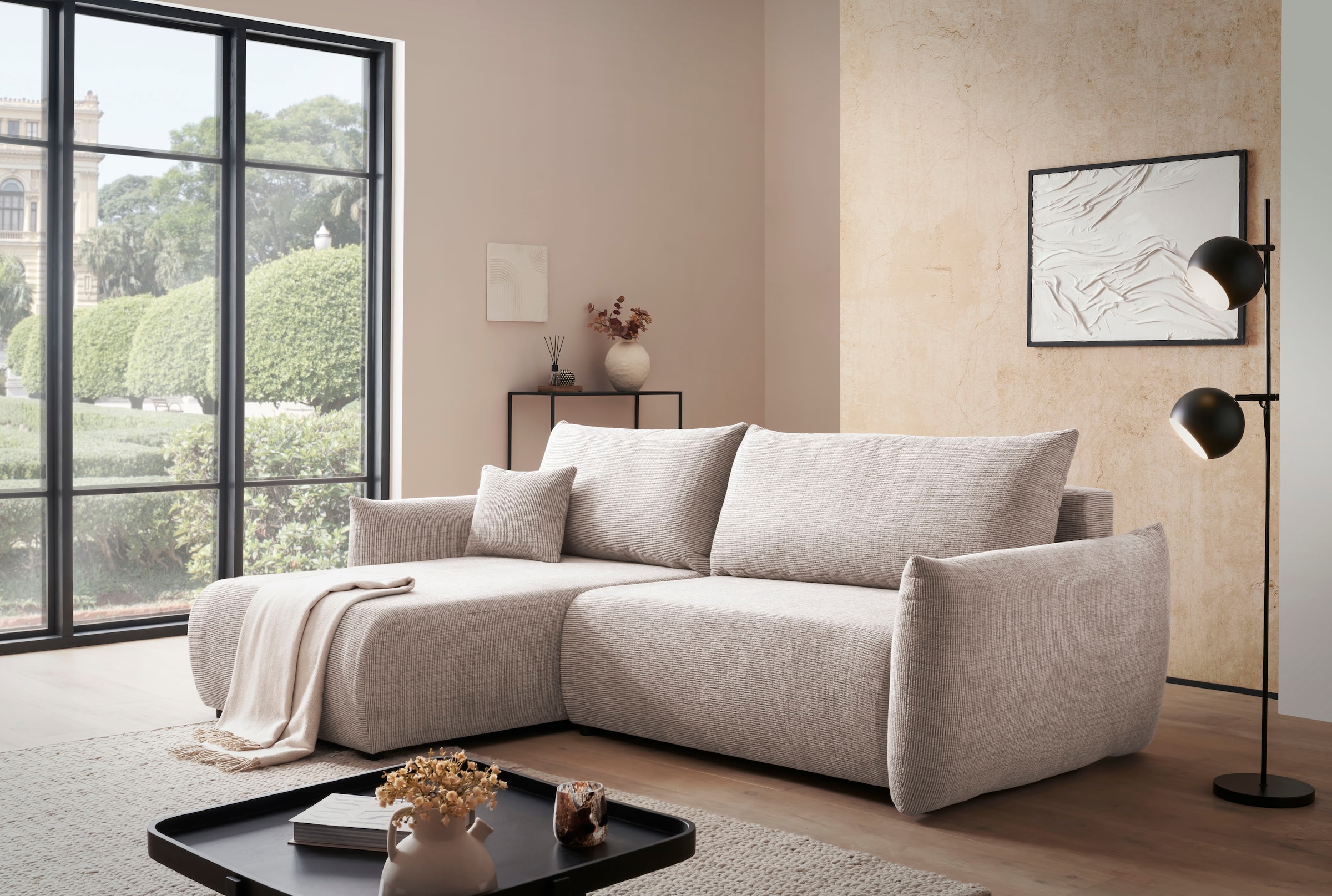 INOSIGN Ecksofa »MAVAS Schlafsofa mit Bettkasten, L-Form,«, ca.257/127cm (Liegefläche 212/145 cm), Cord, Chenille, Struktur