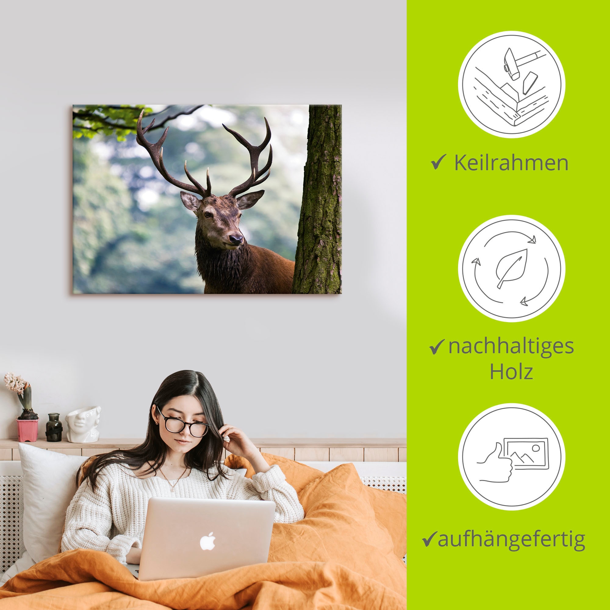Artland Wandbild »Hirsch«, Wildtiere, (1 St.), als Alubild, Outdoorbild, Leinwandbild, Poster in verschied. Größen