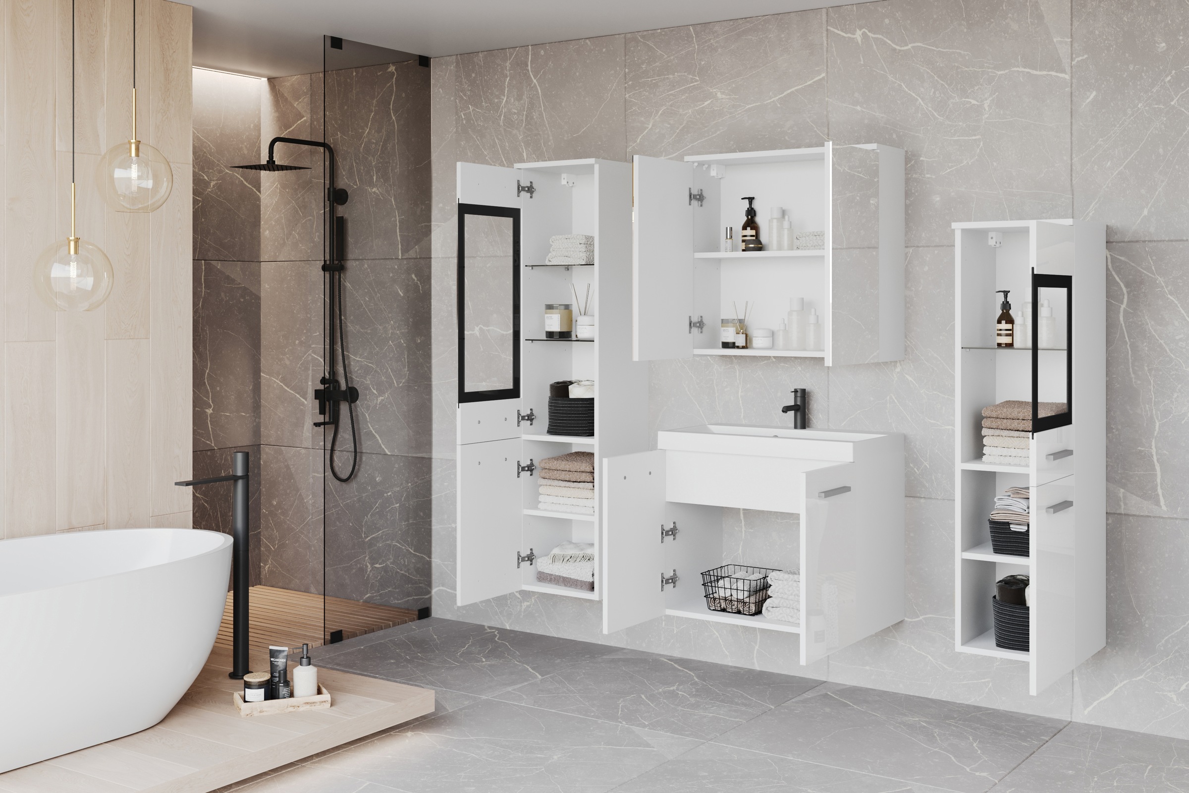 welltime Badmöbel-Set »MADRIT II, Schrank mit Waschbecken, 2 Hänger, Spiegelschrank«, (Komplett-Set, 5 St.), Hängende Badmöbel mit Glaseinsätzen – in vielen Farben erhältlich