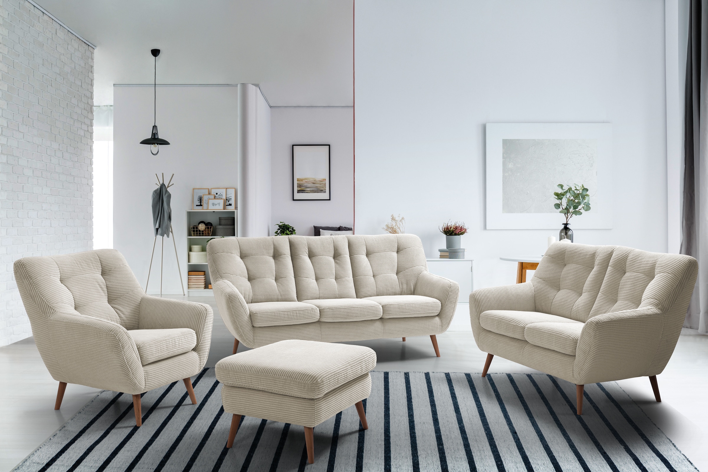 exxpo - sofa fashion Hocker »Scandi bequem und elegant mit hohem Holzfuß«, bequem und elegant mit hohem Holzfuß