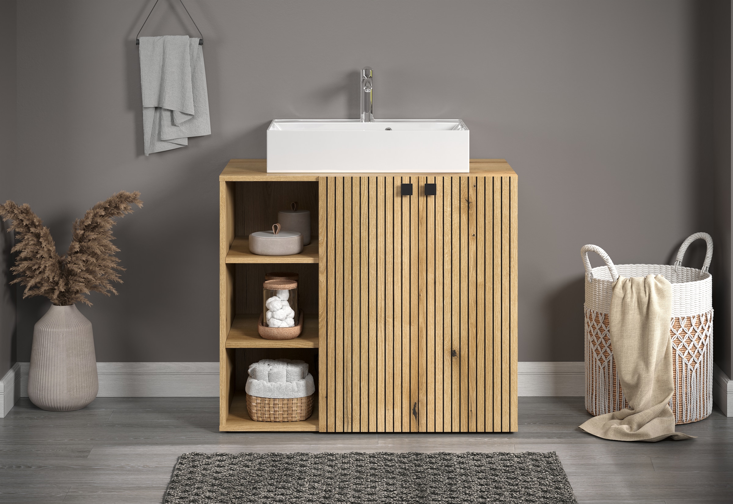 welltime Waschtisch »Amrum Waschbeckenunterschrank und Waschbecken«, Waschbeckenunterschrank mit Rillenoptik - Maße (B/T/H) 90/53/79 cm
