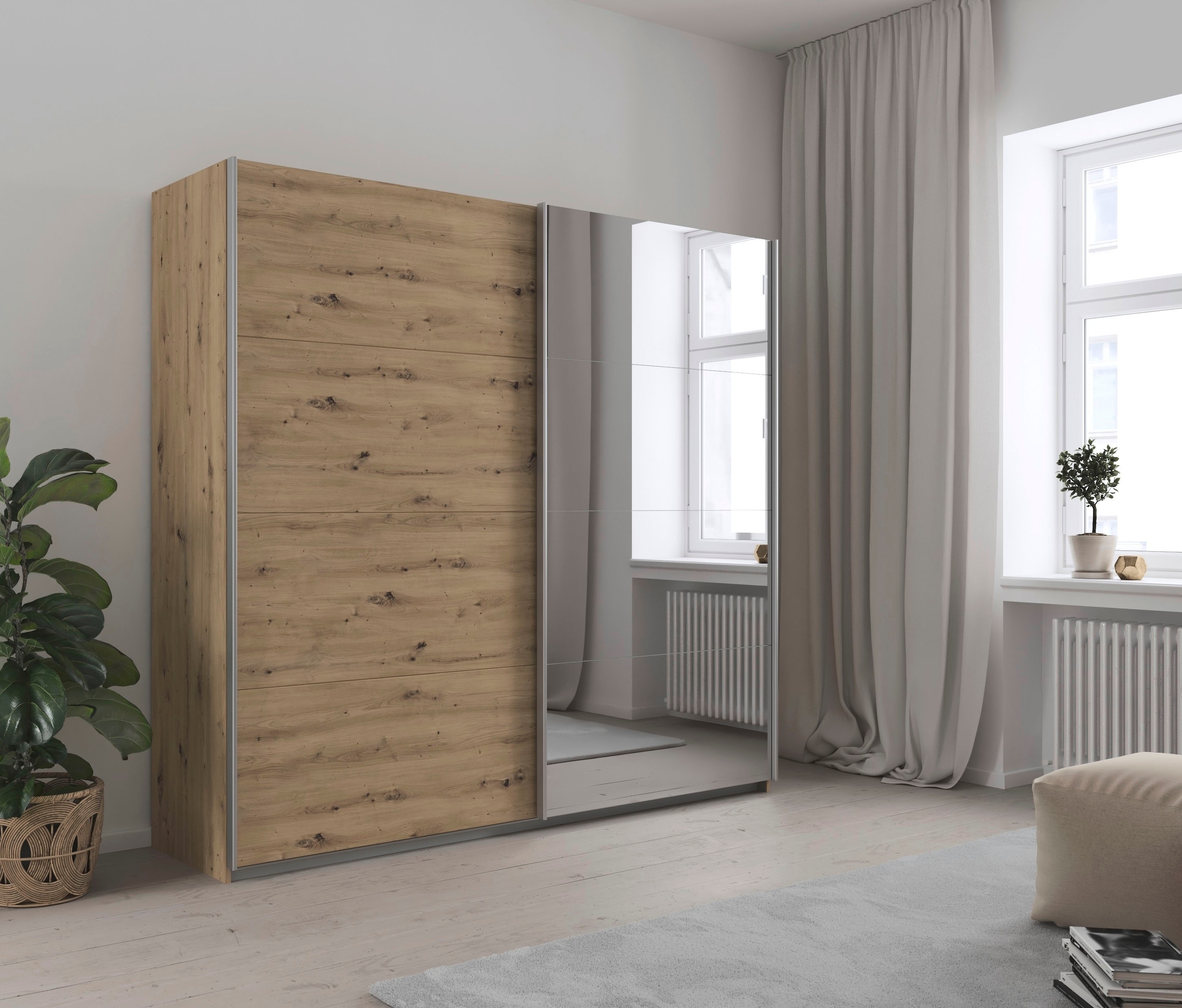 INOSIGN BY RAUCH Schwebetürenschrank »Kleiderschrank Schrank Garderobe Schlafzimmerschrank THANOS«, (in 3 verschiedenen Ausstattungen BASIC/CLASSIC/PREMIUM), Optional mit Spiegel, Metall-Griffleisten alufarben MADE IN GERMANY