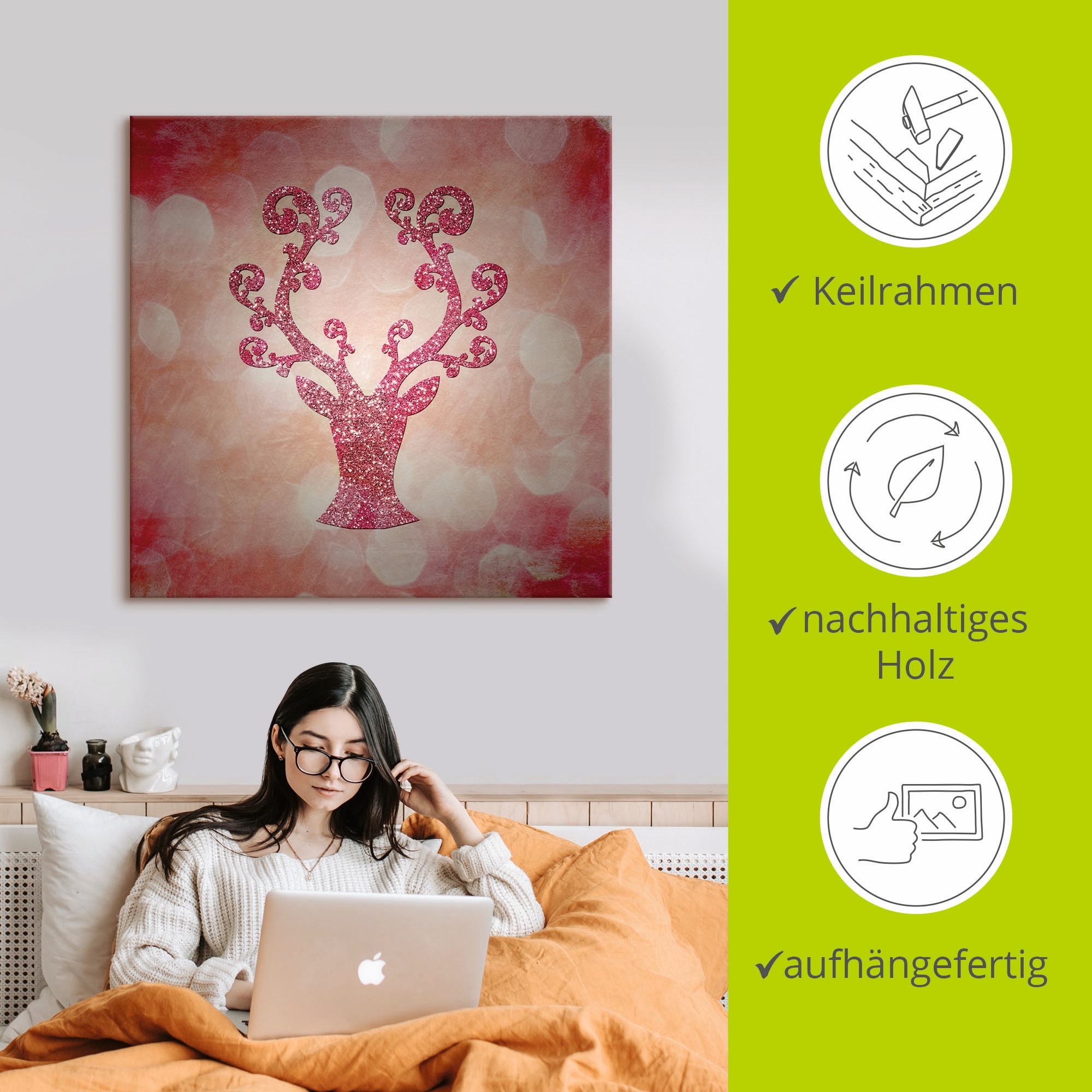Artland Wandbild »Rosa glitzerndes Reh«, Wildtiere, (1 St.), als Leinwandbild in verschied. Größen