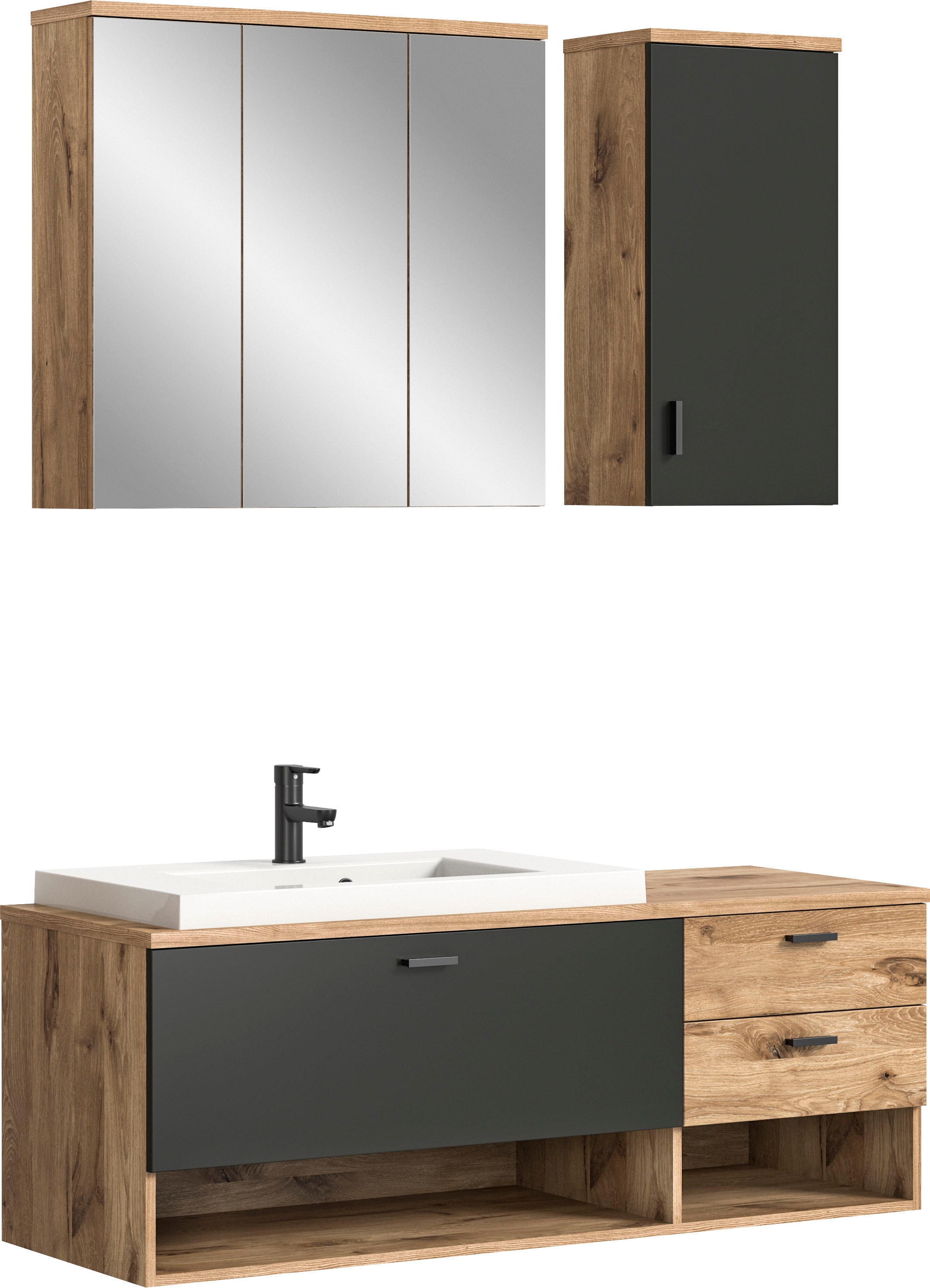 welltime Badmöbel-Set »Dolo, 3 teilig, inklusive Mineralguss-Waschbecken, bestehend aus:«, (Set, 3 St.), Waschtisch inkl. Waschbecken, Hängeschrank, Spiegelschrank