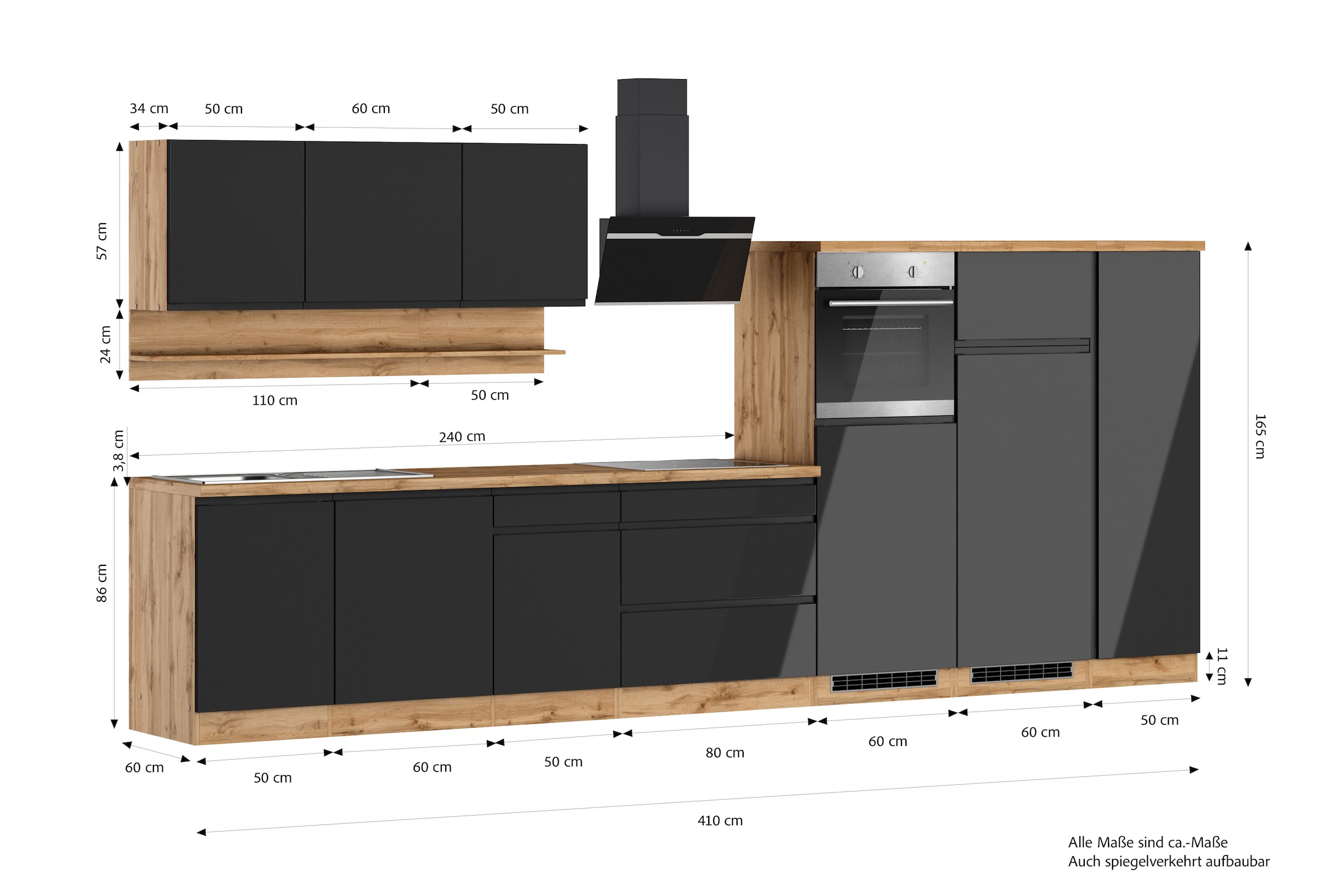 KOCHSTATION Küchenzeile »KS-Virginia,neu in verbesserter Ausführung« Arbeitsplatte 38 mm stark, Stauraum, Softclose,  Breite 410 cm, Softclose, wahlweise mit E-Geräten und Induktion