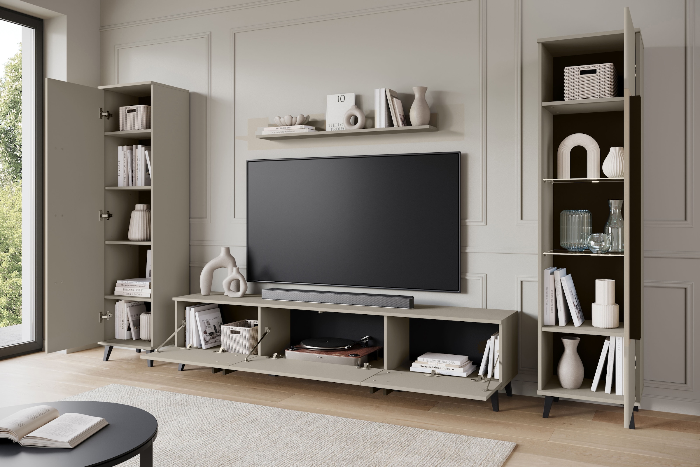 INOSIGN Wohnwand »Helsinki, Modernes Set mit verglaster Vitrine«, (Komplett-Set, 4 St.), mit lamellengriffen, verstellbaren Einlegeböden und Kunststofffüßen