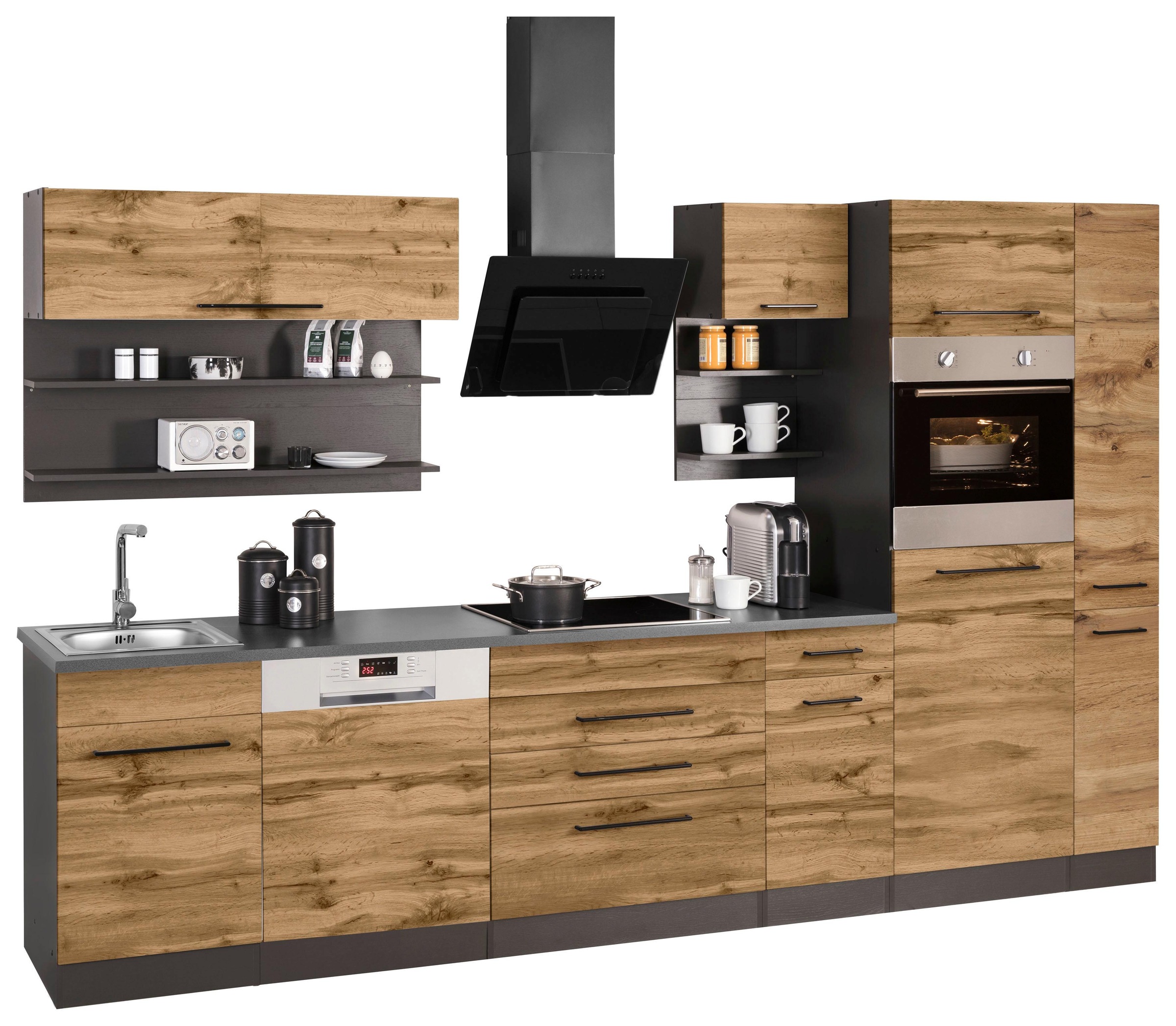 KOCHSTATION Küchenzeile »KS-Tulsa«, mit E-Geräten, Breite 320 cm, schwarze Metallgriffe, MDF Fronten