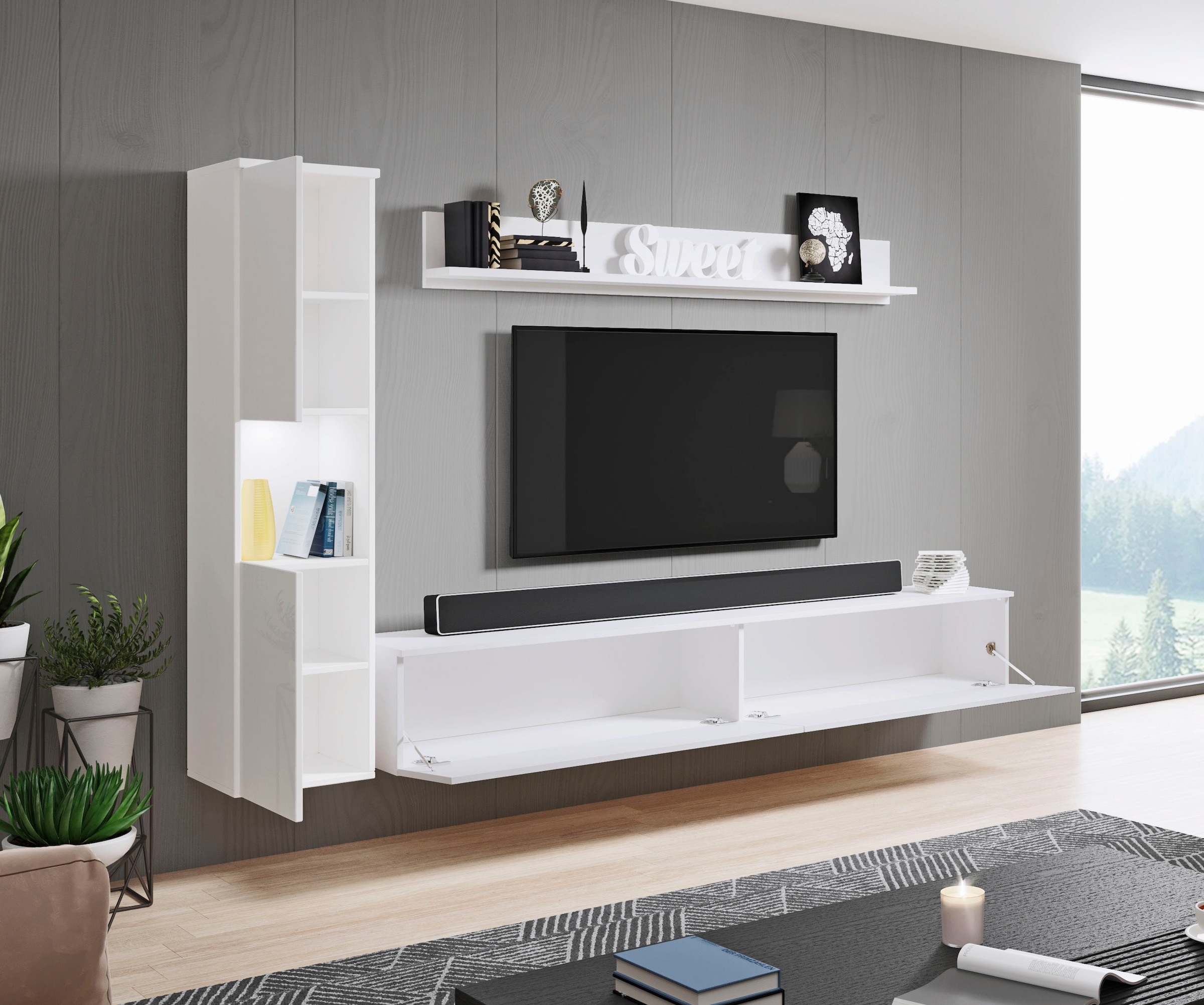 INOSIGN Wohnwand »PARIS, Vitrine Türanschlag links/rechts wechselbar«, (Komplett-Set, 3 St.), grifflose Design, stehend und hängend montierbar