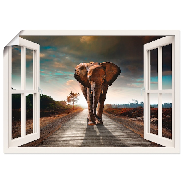 Artland Wandbild »Elefant auf Straße«, Fensterblick, (1 St.), als  Leinwandbild, Wandaufkleber oder Poster in versch. Größen auf Rechnung  bestellen