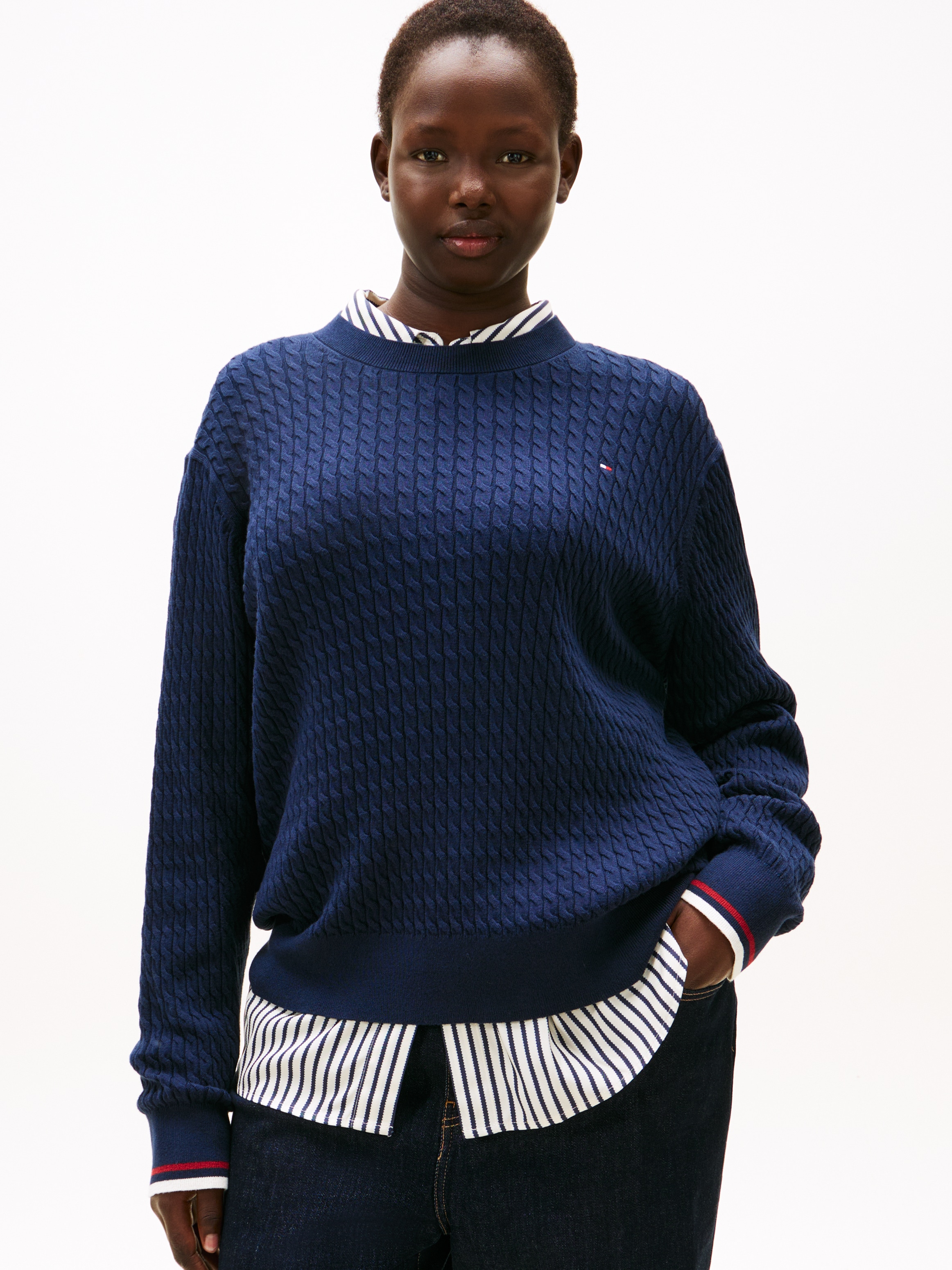 Tommy Hilfiger Curve Strickpullover »CRV CO CABLE FINE GG C-NK LS SWT« in großen Größen, mit Zopfmuster