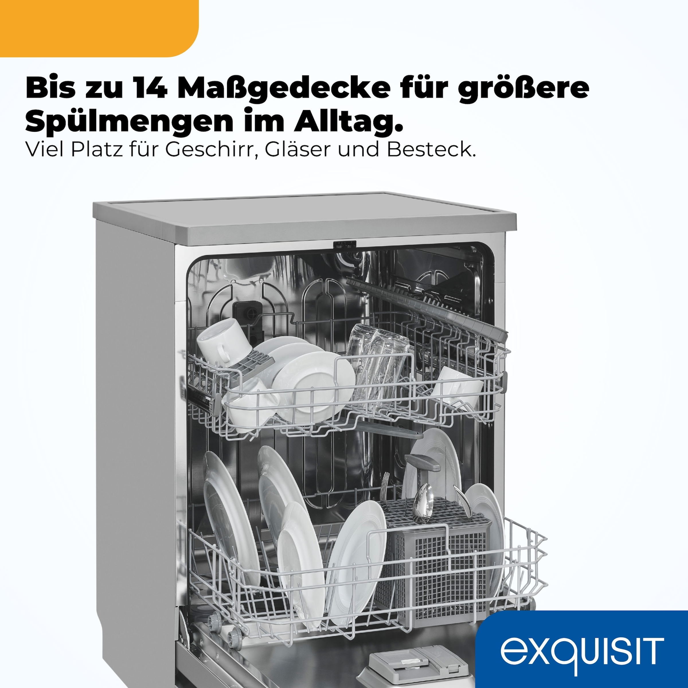 exquisit Standgeschirrspüler 9114 »GSP9114-451D silber« 11,9 l 14 tlg. Maßgedecke 14 Maßgedecke & flüsterleise 49 dB – stark und angenehm ruhig