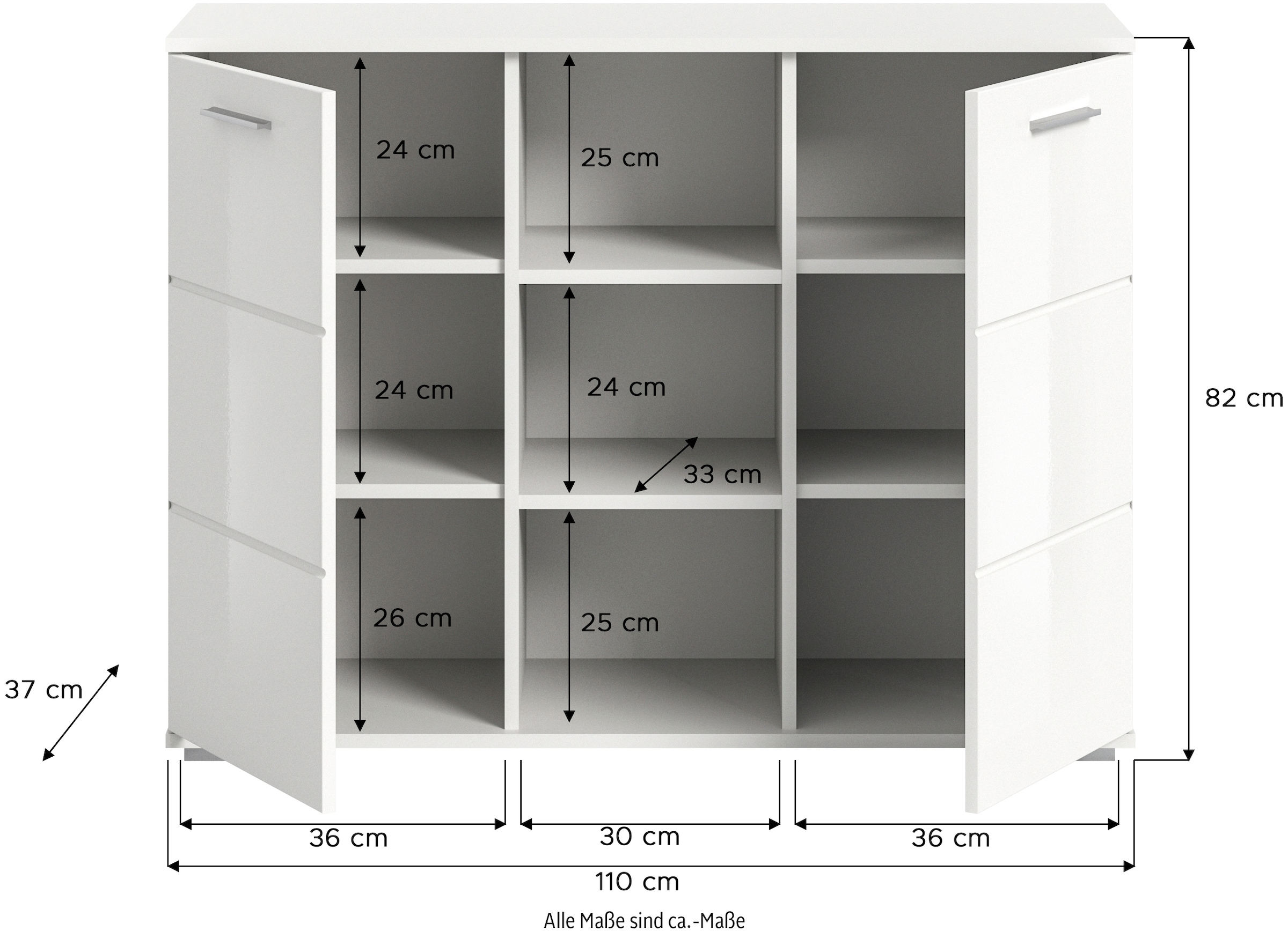 INOSIGN Sideboard »Valge, Breite 110 cm, 2 Türen, 4 verstellbare Böden, 3 offene Fächer«, Front-Rillenfräsung, Schuhkommode, Anrichte, Schrank, Kommode