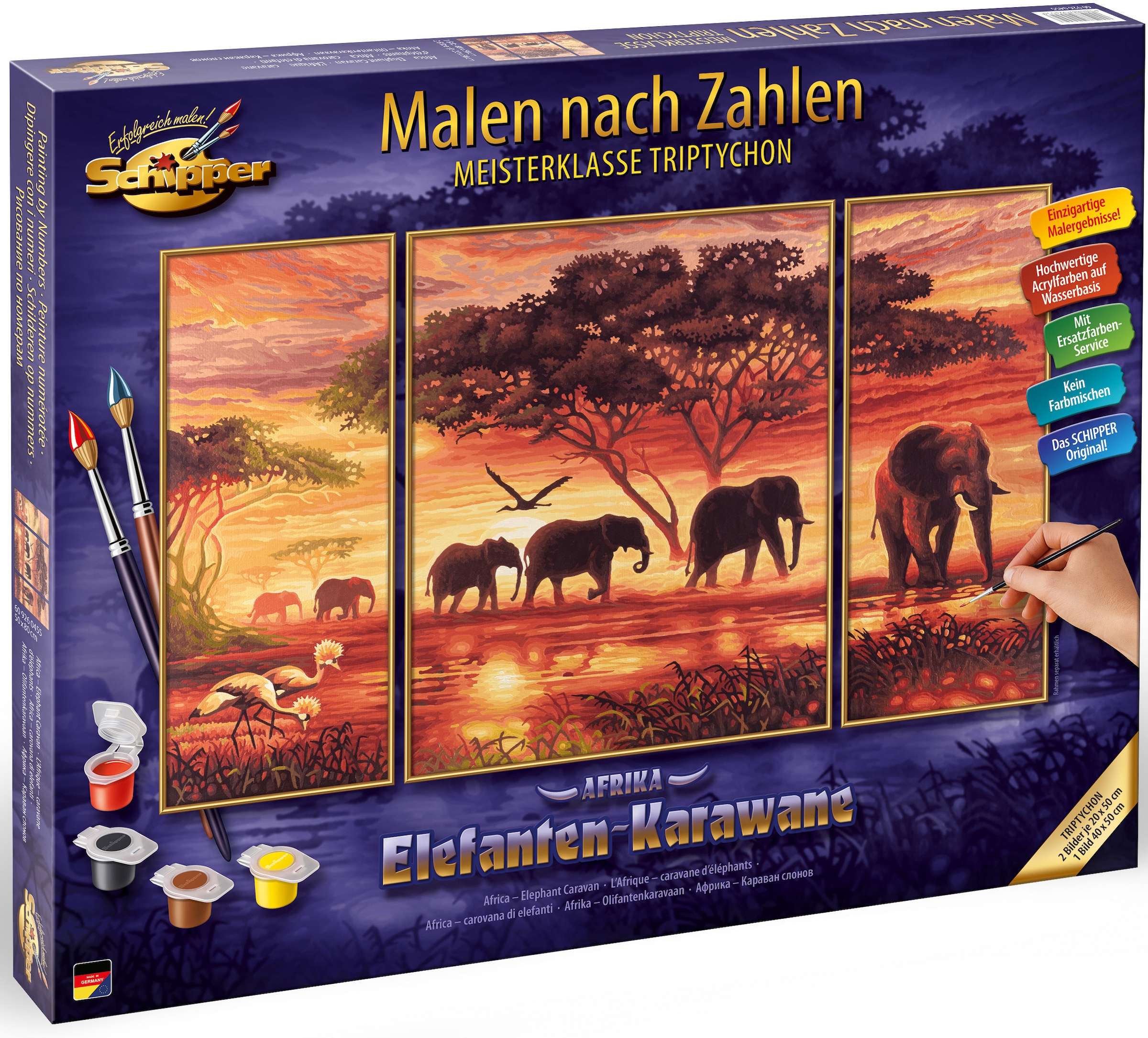 Schipper Malen nach Zahlen »Meisterklasse Triptychon - Elefanten Karawane«, Made in Germany