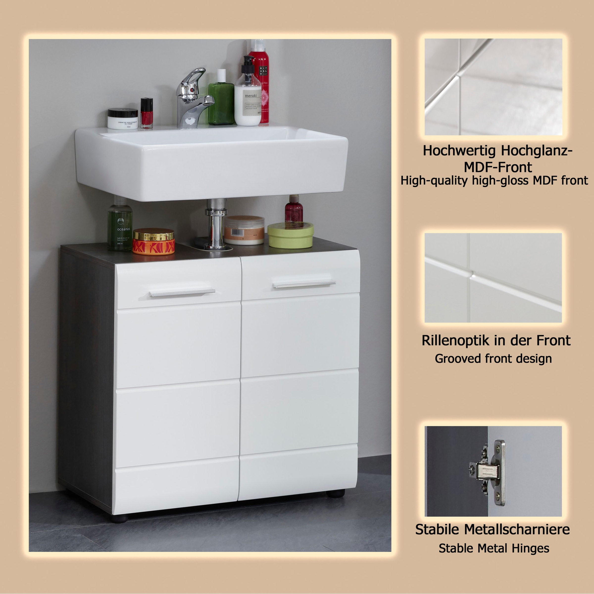 welltime Waschbeckenunterschrank »Sovana« Waschbeckenunterschrank mit 2 Türen - (B/T/H) 60/31/57 cm