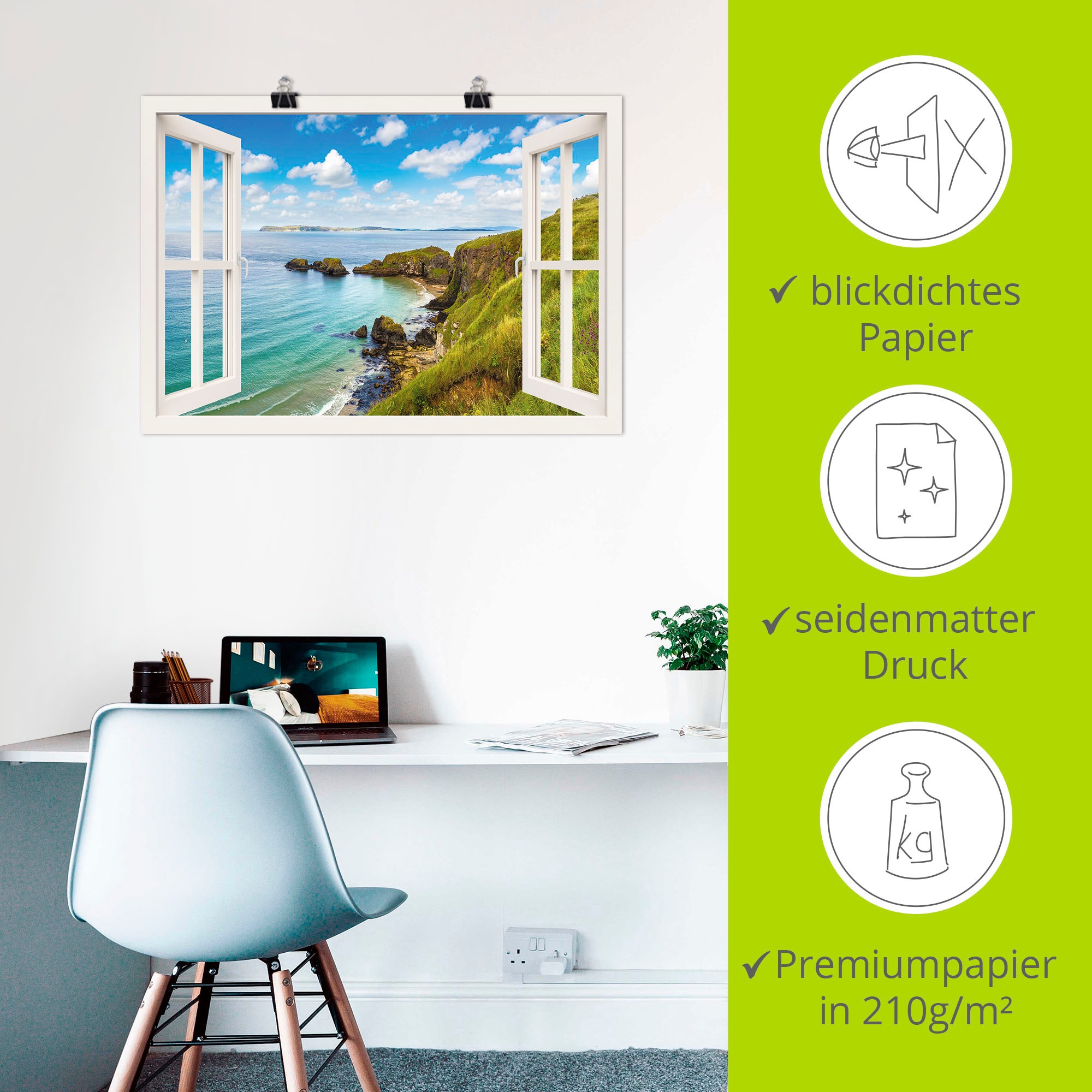 Artland Wandbild »Küstenweg in Nordirland durchs Fenster«, Meer Bilder, (1 St.), als Leinwandbild, Wandaufkleber oder Poster in versch. Größen
