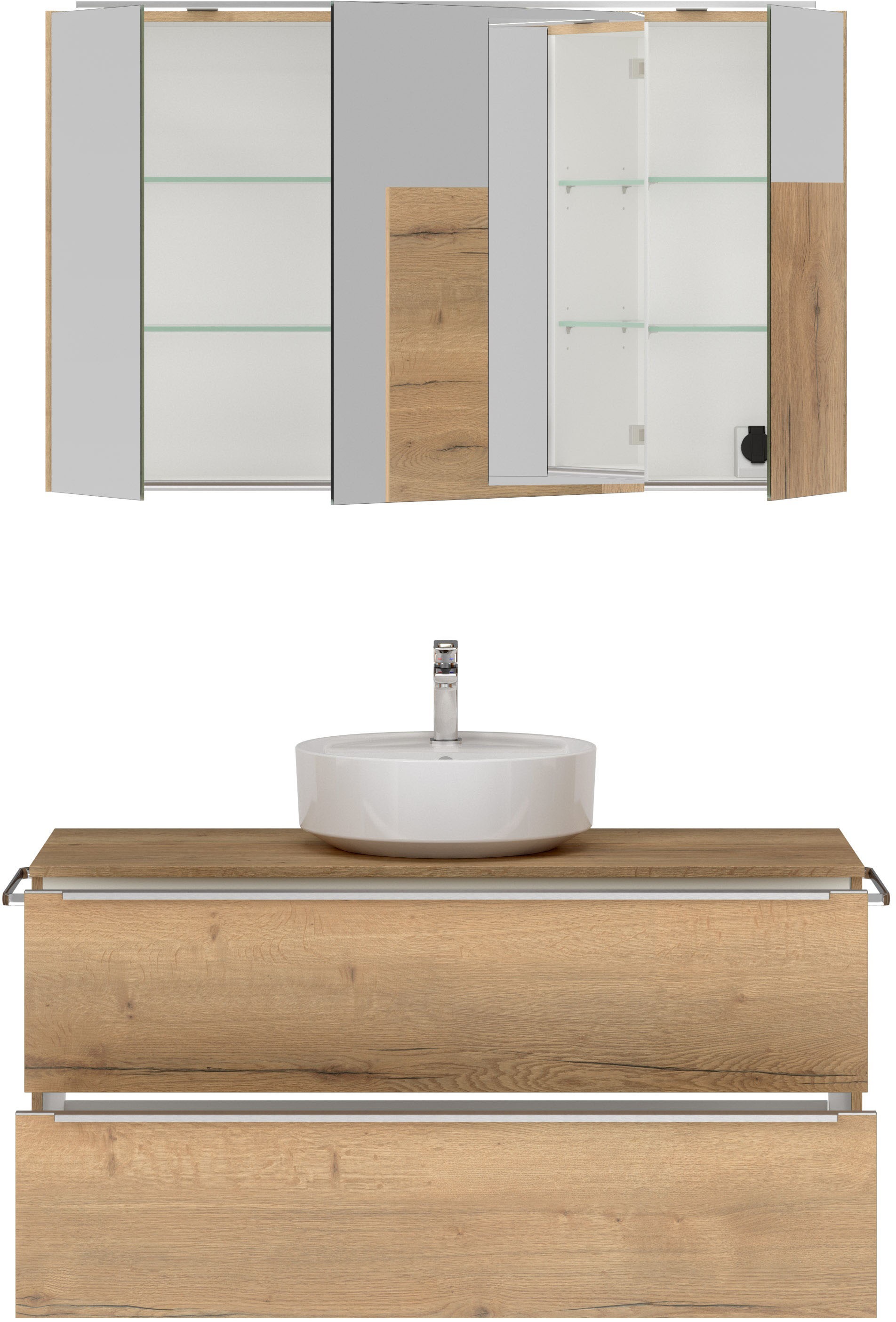 nobilia® Badmöbel-Set »Alvene«, (2 St., vormontiert, mit Soft-Close), inkl. Spiegelschrank mit Beleuchtung und Dimmerfunktion, in 4 Breiten