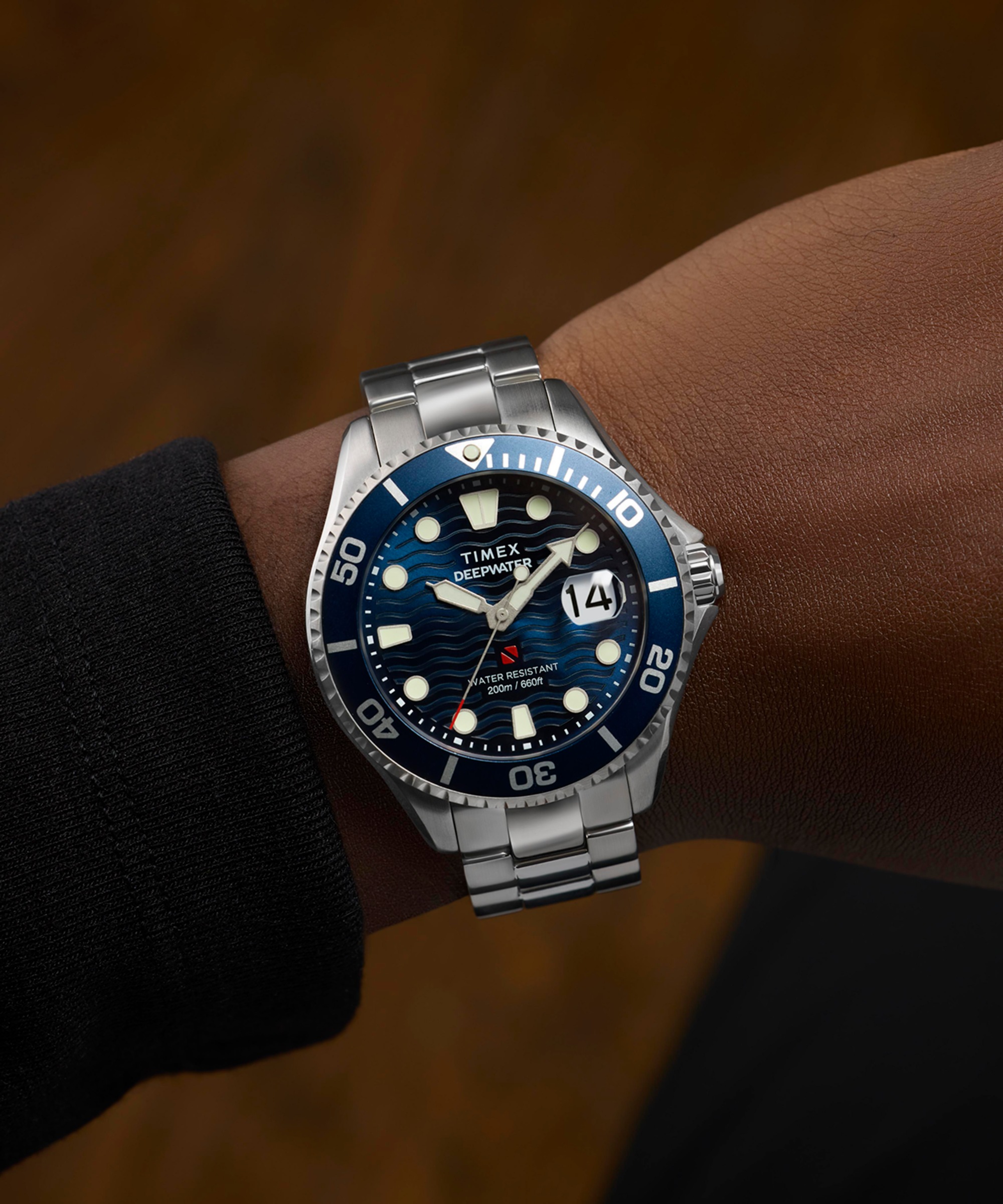 Timex Quarzuhr »DEEP WATER MERIDIAN« Armbanduhr, Herrenuhr, Edelstahlarmband, Datum, Leuchtzeiger