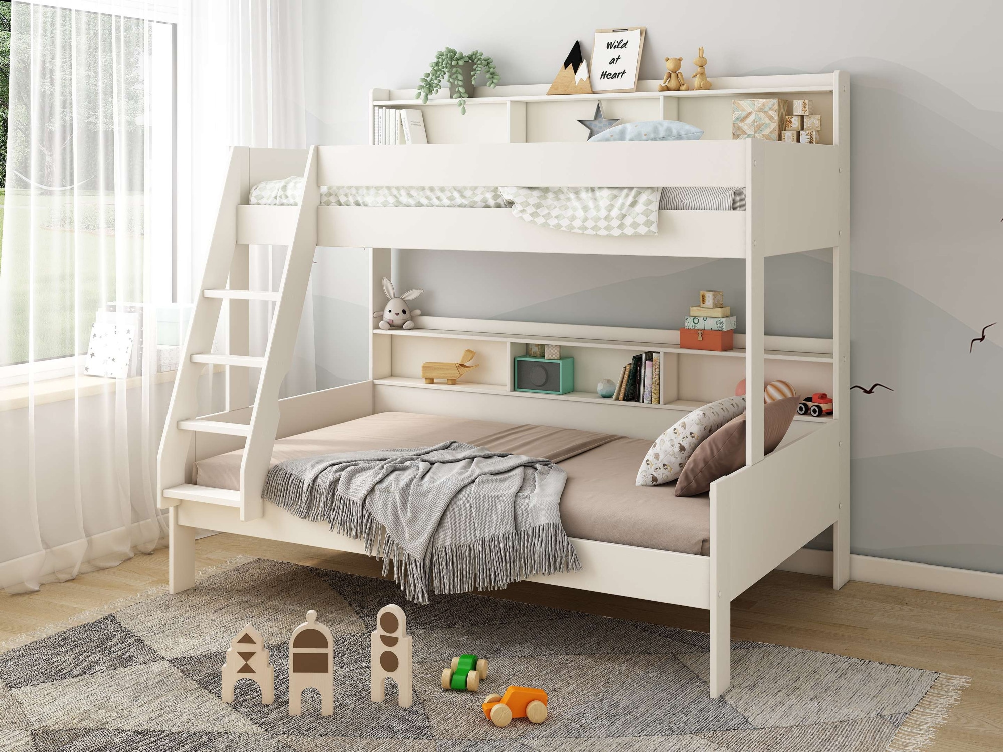 Lüttenhütt Etagenbett »Jaime II, Stockbett, viel Stauraum, mit Regalen, Massivholz mit MDF«, (Oberes Bett 90x200cm, unteres Bett 120x200cm), breite Liegefläche unten, FSC®, Made EU, 3. Schlafgelegenheit optional