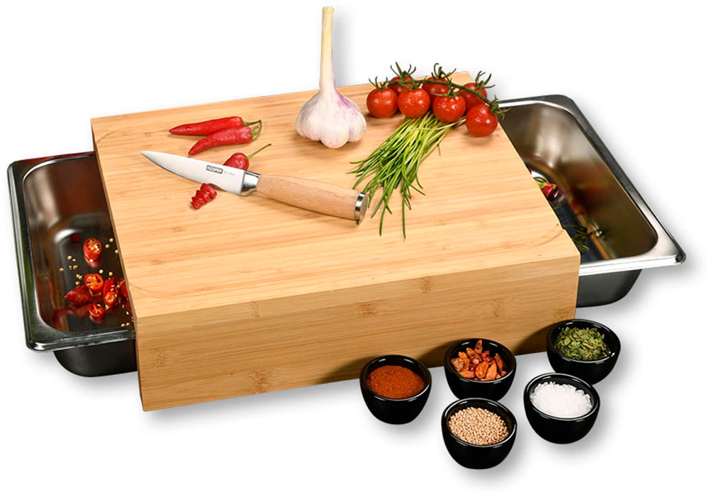 KESPER® Schneidebrett »mit 2 herausziehbaren Auffangschalen«, (Set, 3 St., 1 Brett + 2 Schalen), Gastro-Norm 1/2 - Maße 32,5 x 26,5 cm