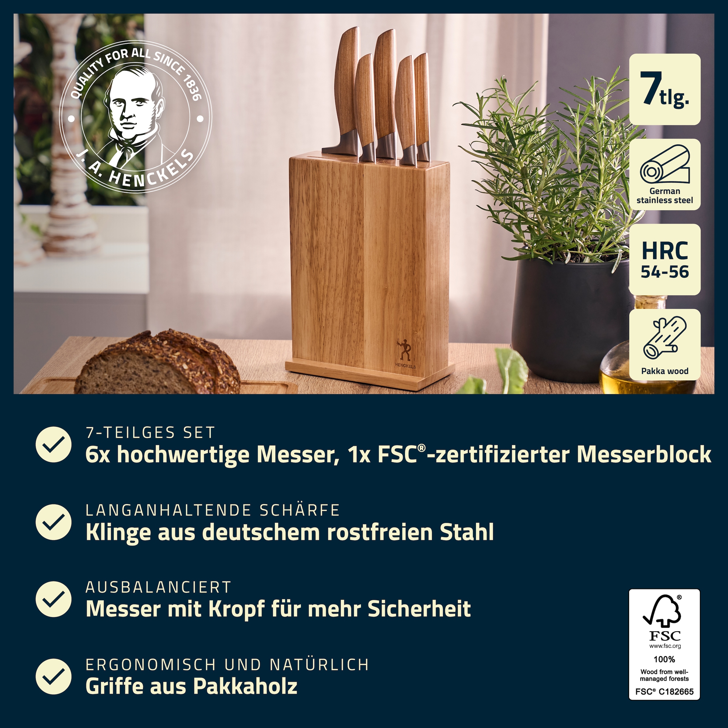 HENCKELS by ZWILLING Messerblock »Pakka« 7 Pakka-Holz-Griffe, Rostfreie Klingen