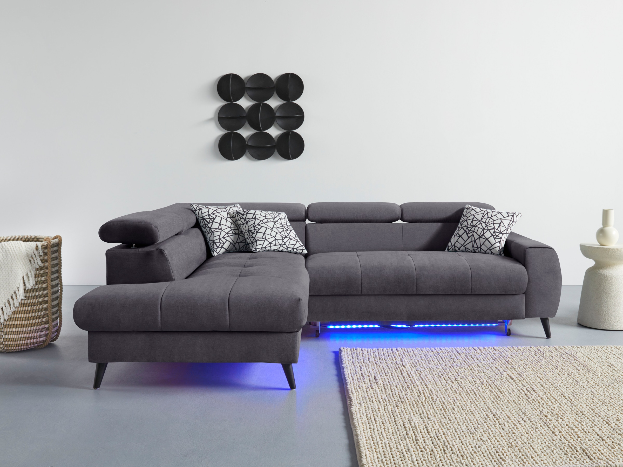 COTTA Ecksofa »Mia L-Form mit 3 Zierkissen«, wahlweise mit Bettfunktion, Bettkasten, Beleuchtung & Wireless-Charger