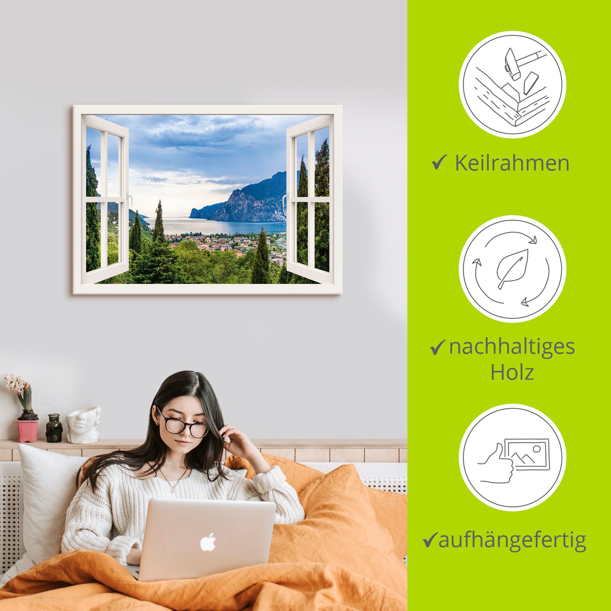 Artland Wandbild »Gardasee durchs weiße Fenster«, Seebilder, (1 St.), als Alubild, Outdoorbild, Leinwandbild, Poster, Wandaufkleber