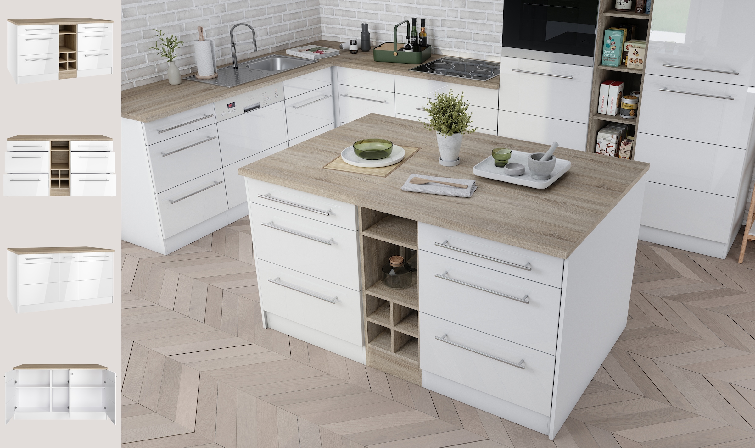 KOCHSTATION Kücheninsel »KS-Wien«, Breite 153 cm, MDF-Fronten, Flaschenregal