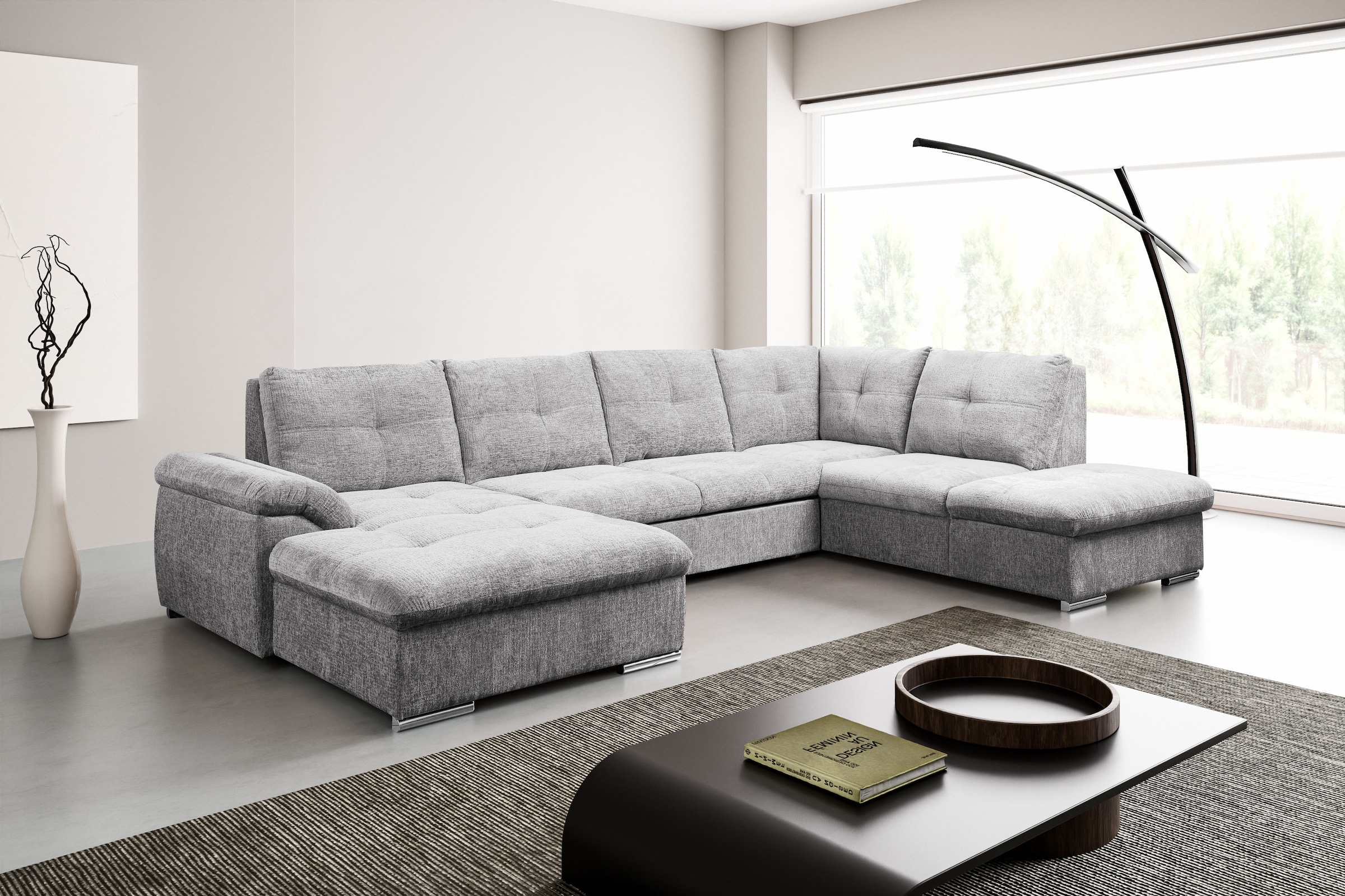 WERK2 Wohnlandschaft »Arena 339 x 220 cm mit Bett & Bettkasten, wahlw. mit 2 Kopfstützen« U-Form, XXL, Schlaffunktion, Bettkasten