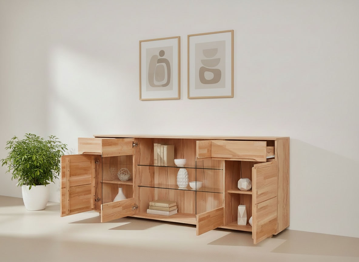 OTTO home Sideboard »VETRO Teilmassiv, Fronten Massivholz, Wohnzimmer, Stauraum,Griffmulde« B/T/H:199/40/85cm, 2 Schubladen, 7Fächer