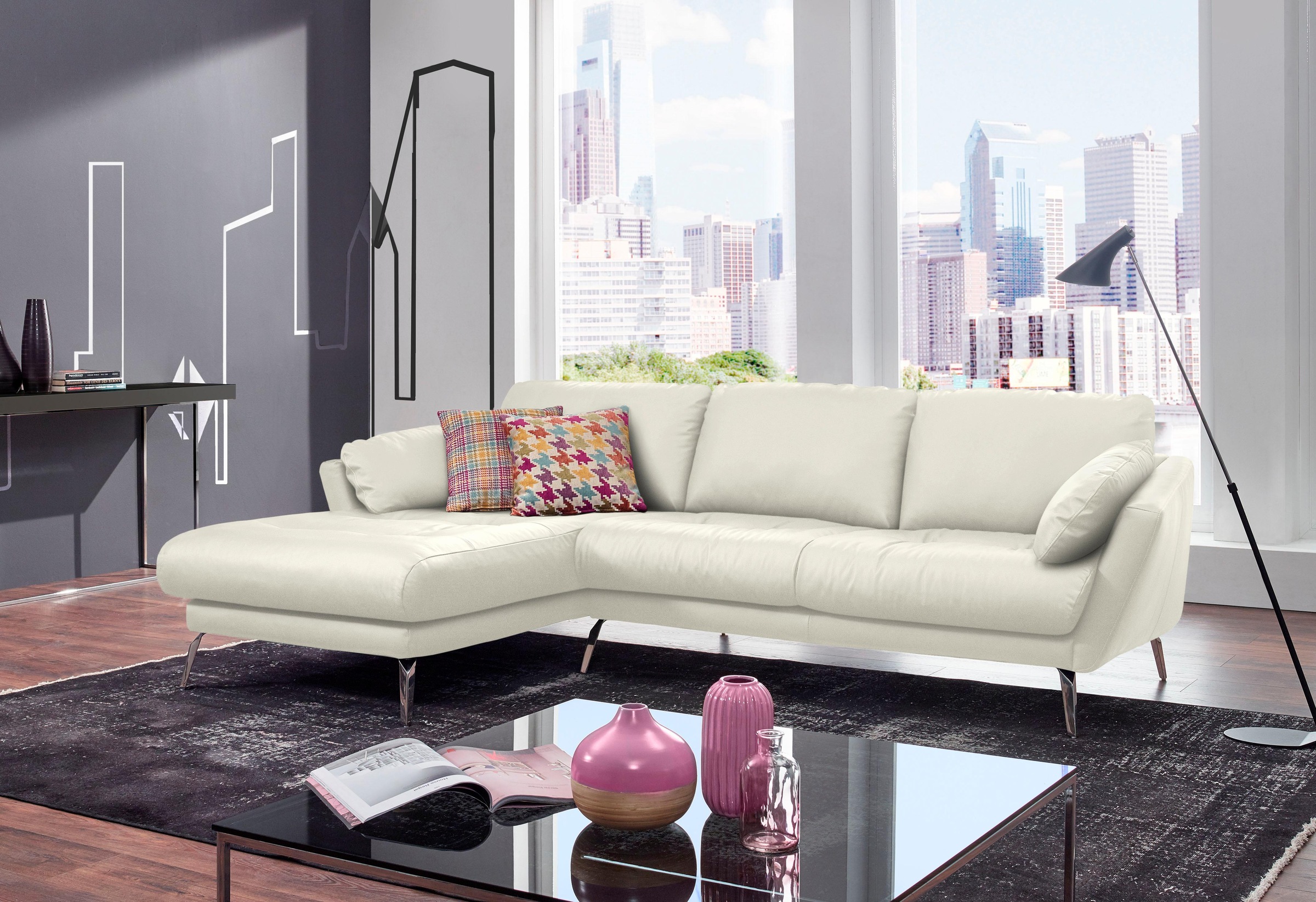 W.SCHILLIG Ecksofa »softy, Designsofa, zeitlos und elegant, hoher Sitzkomfort, L-Form«, mit dekorativer Heftung im Sitz, Füße Chrom glänzend