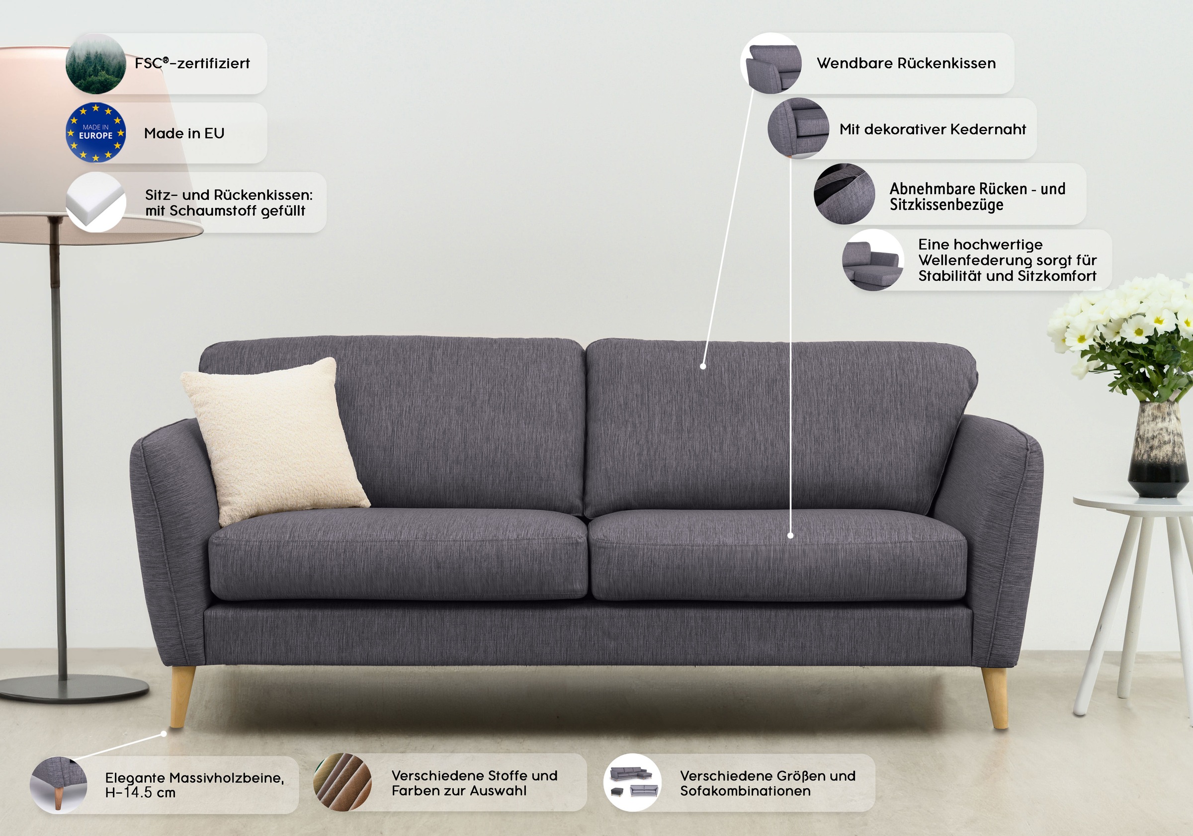 Home affaire 3-Sitzer »MARSEILLE 3er Sofa 206 cm, Cord, Flachgewebe, Struktur, Webstoff«, Massivholzbeine Eiche, Landhausstil, Wellenunterfederung