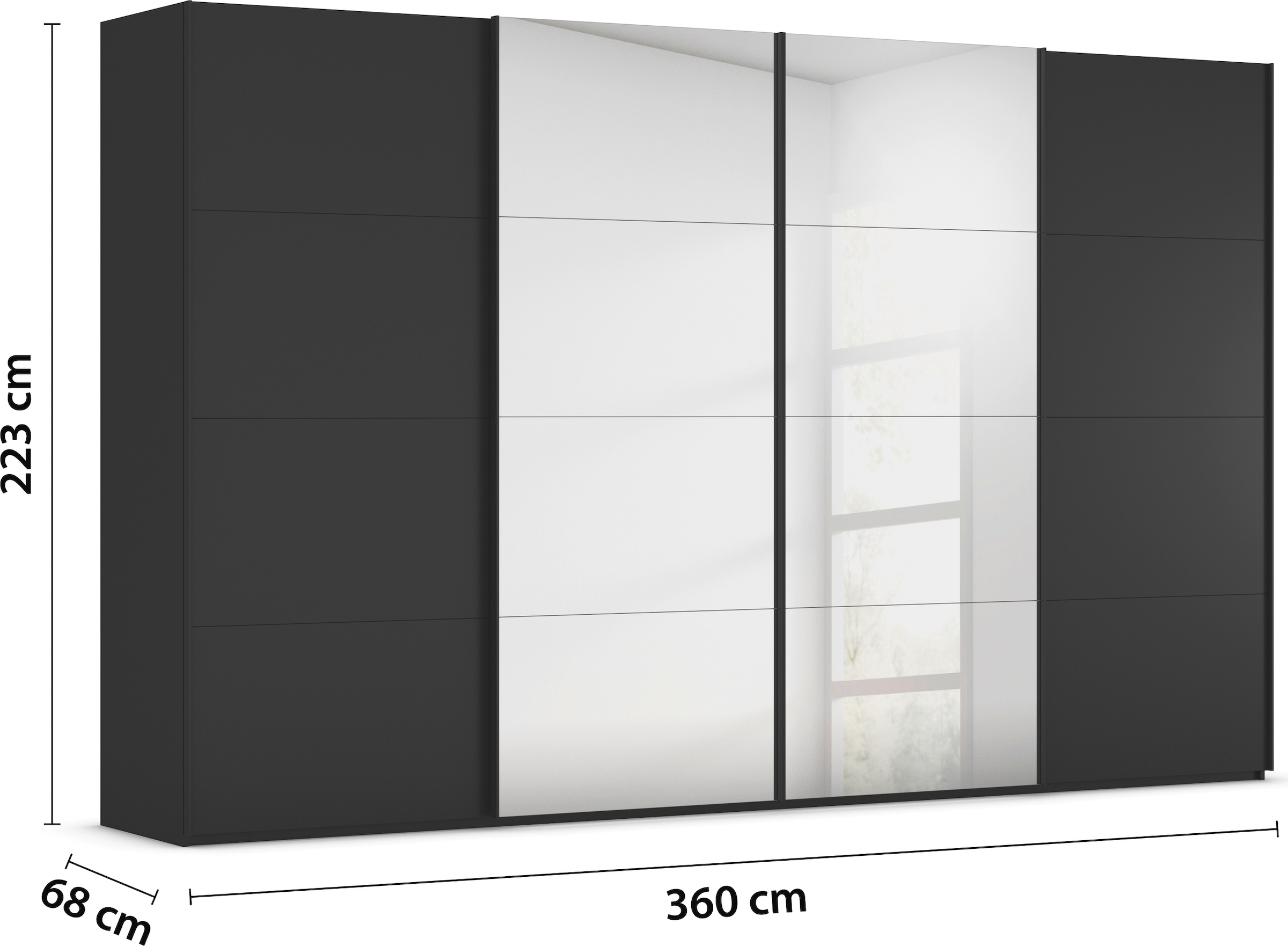 rauch Schwebetürenschrank »Kleiderschrank Schrank Garderobe Schlafzimmerschrank SCALE-FYRA«, edle viergeteilte Türen mit Spiegel und vielen Farben MADE IN GERMANY