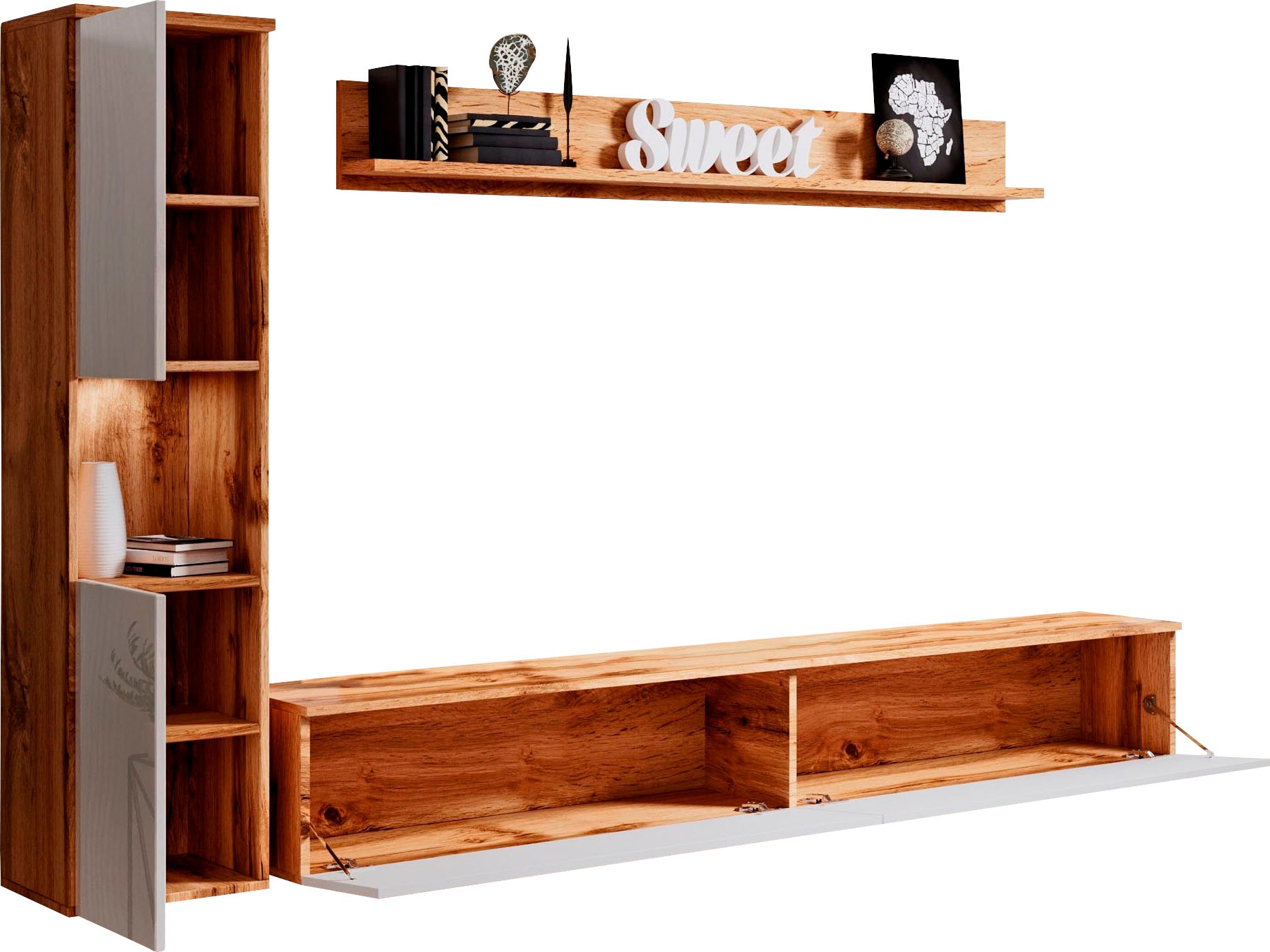 INOSIGN Wohnwand »PARIS, Vitrine Türanschlag links/rechts wechselbar«, (Komplett-Set, 3 St.), grifflose Design, stehend und hängend montierbar