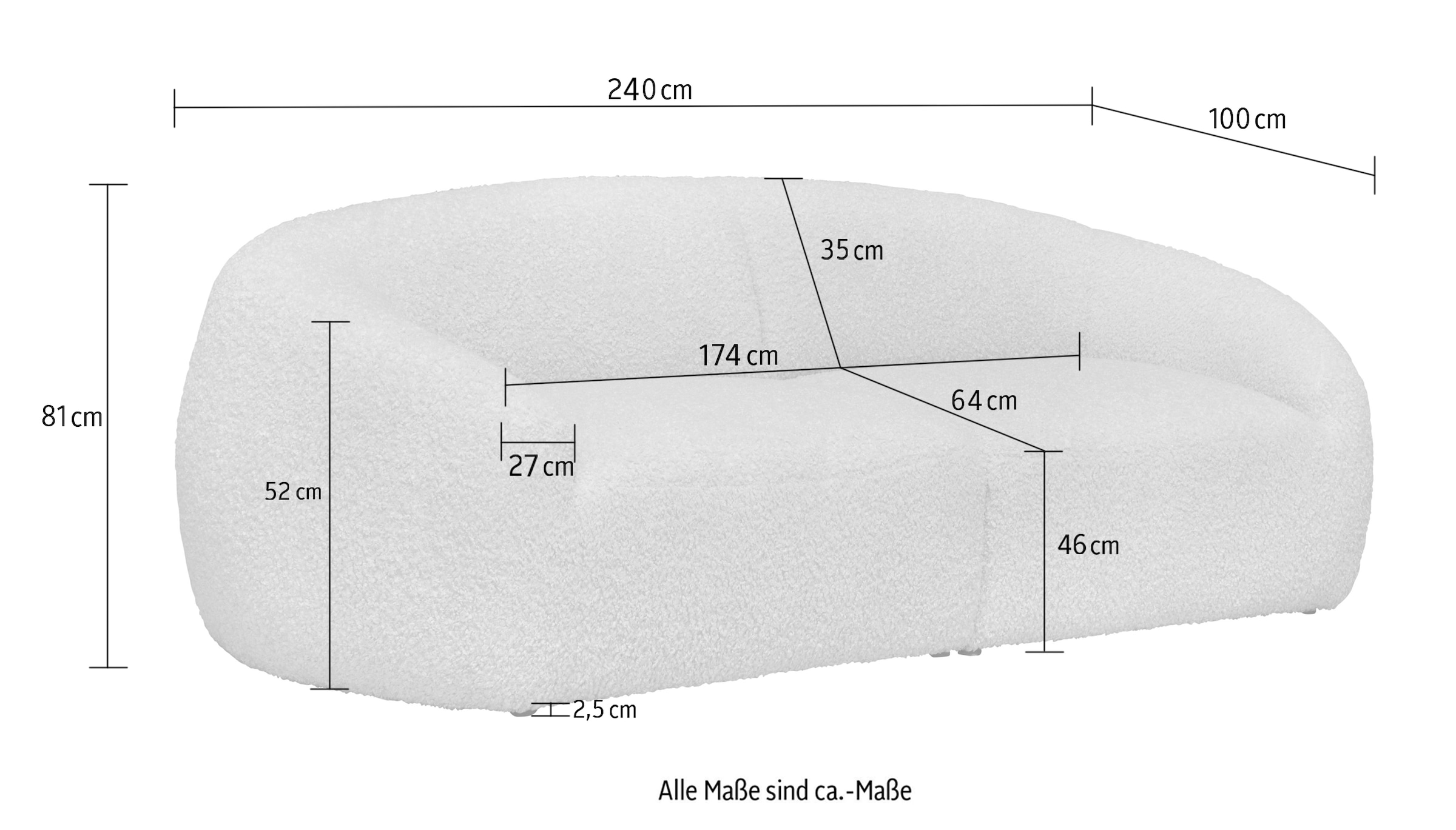 LeGer Home by Lena Gercke Big-Sofa »YANI, Designersofa, organische Form, Maße B/T/H: 240/64/81 cm«, mit Wellenunterfederung, auch in Bouclé, passend zur Serie