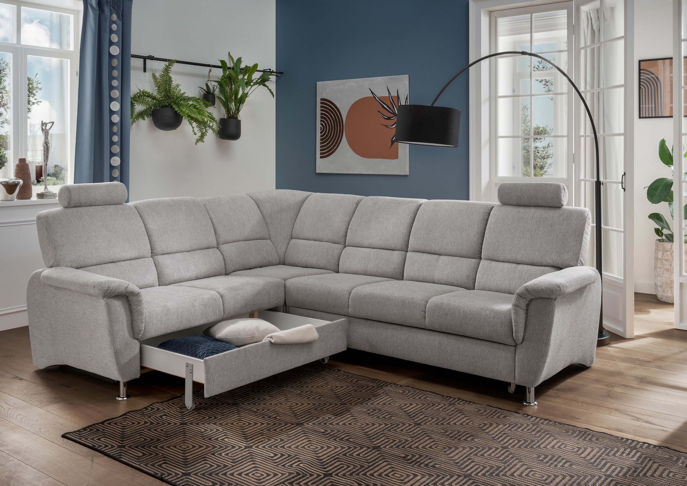 Home affaire Ecksofa »Pisa L-Form, mit Schlaffunktion, Stauraum, 2x höhenverstellbare«, Kopfstützen und Relaxfunktion im Eckelement