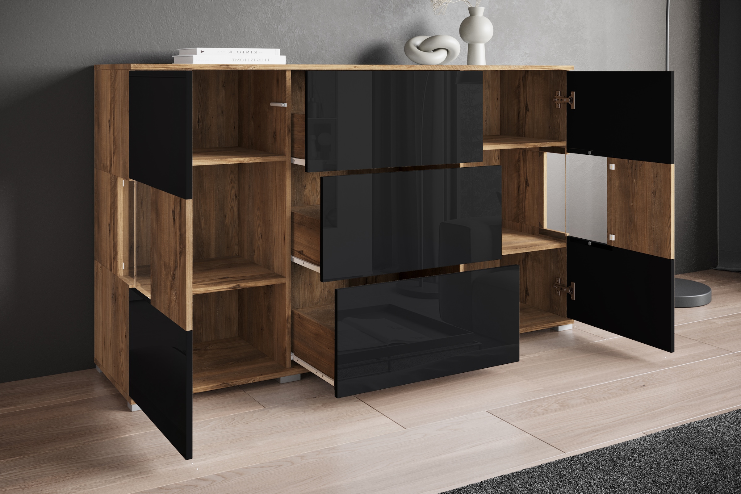 INOSIGN Sideboard »Kenia«, (1 St.), Sideboard mit 3 Schubladen, 6 Fächern, Glastüren, Breite 150 cm