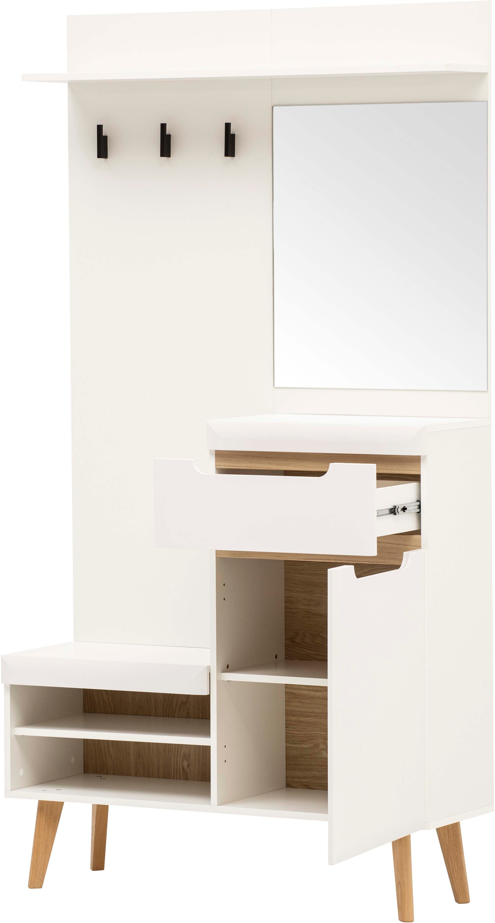 Home affaire Garderoben-Set »Torge, Garderobe mit Stauraum, Garderobenschrank im Scandic Design«, (Set, 3 St.), enthält Sideboard, Garderobe mit Spiegel und Wandboard, in zwei Farben